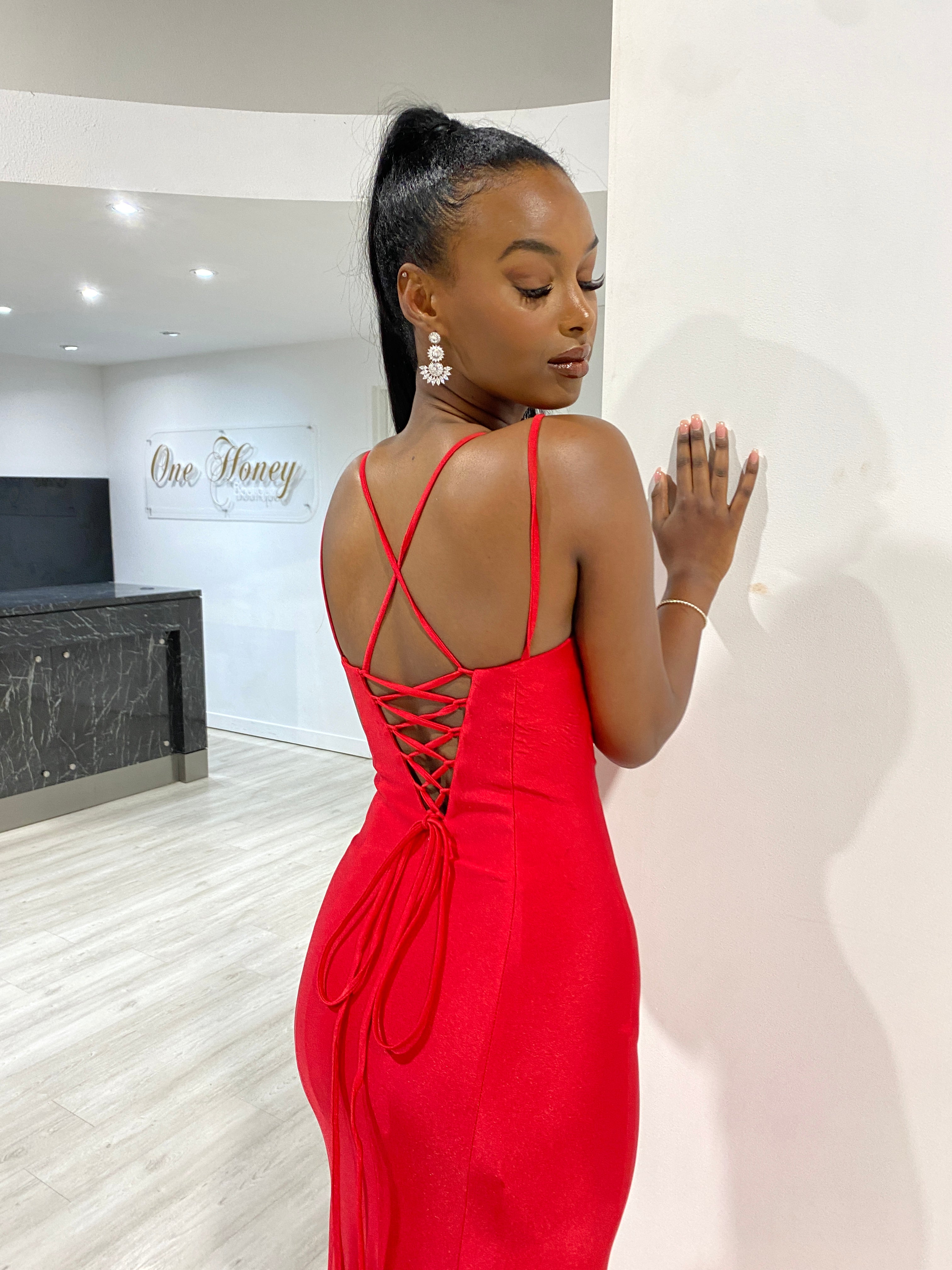 Honey Couture ORINA Red Diamante V Front Leg Split Formal Dress