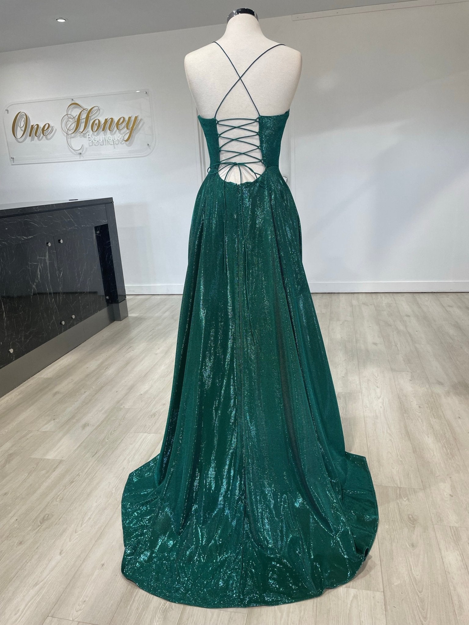 Honey Couture KYLA Emerald Green Shimmer Lace Up Back Formal Gown Dress in Australia | One Honey Boutique