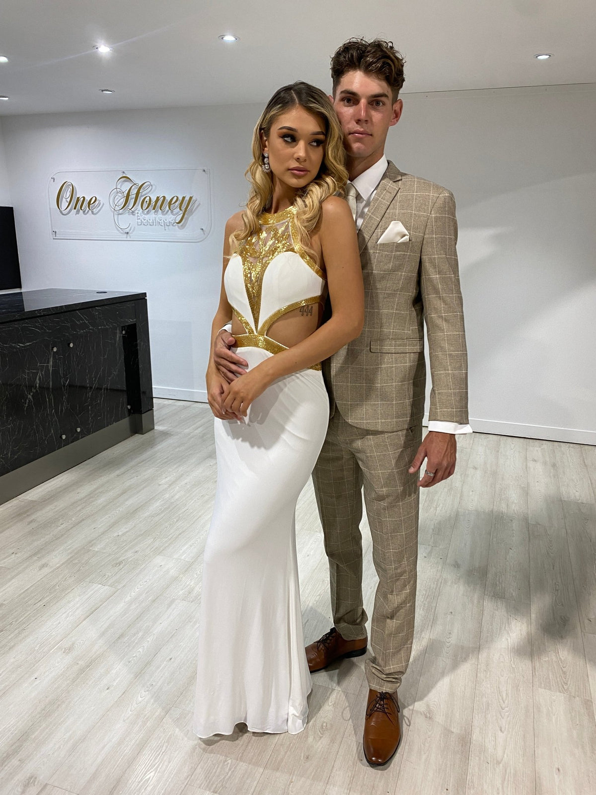 Honey Couture CLEO White & Gold Beaded Formal Gown Honey Couture CLEO White & Gold Beaded Formal Gown