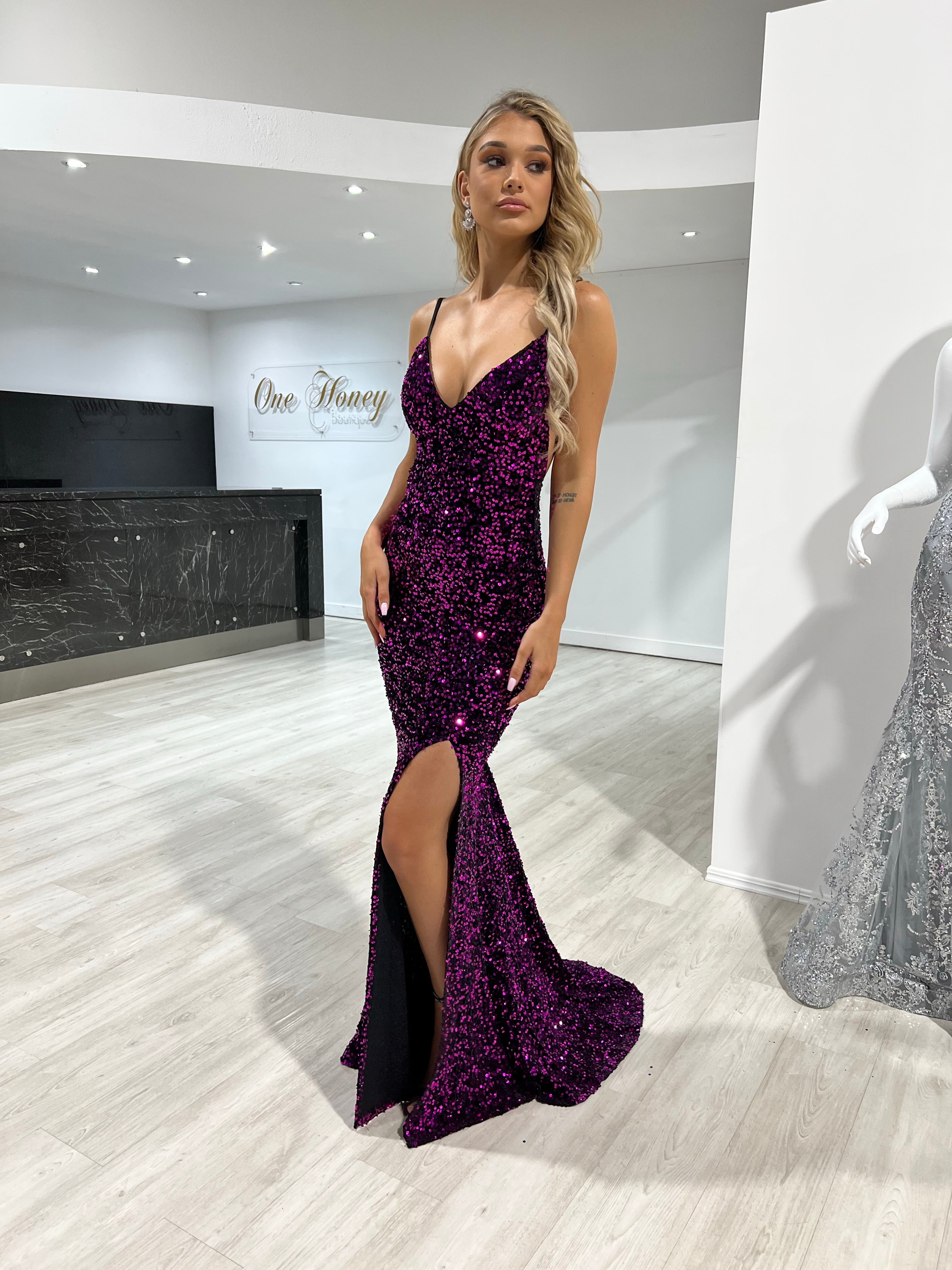 Honey Couture KAYTUM Dark Purple Sequin Mermaid Evening Gown Dress
