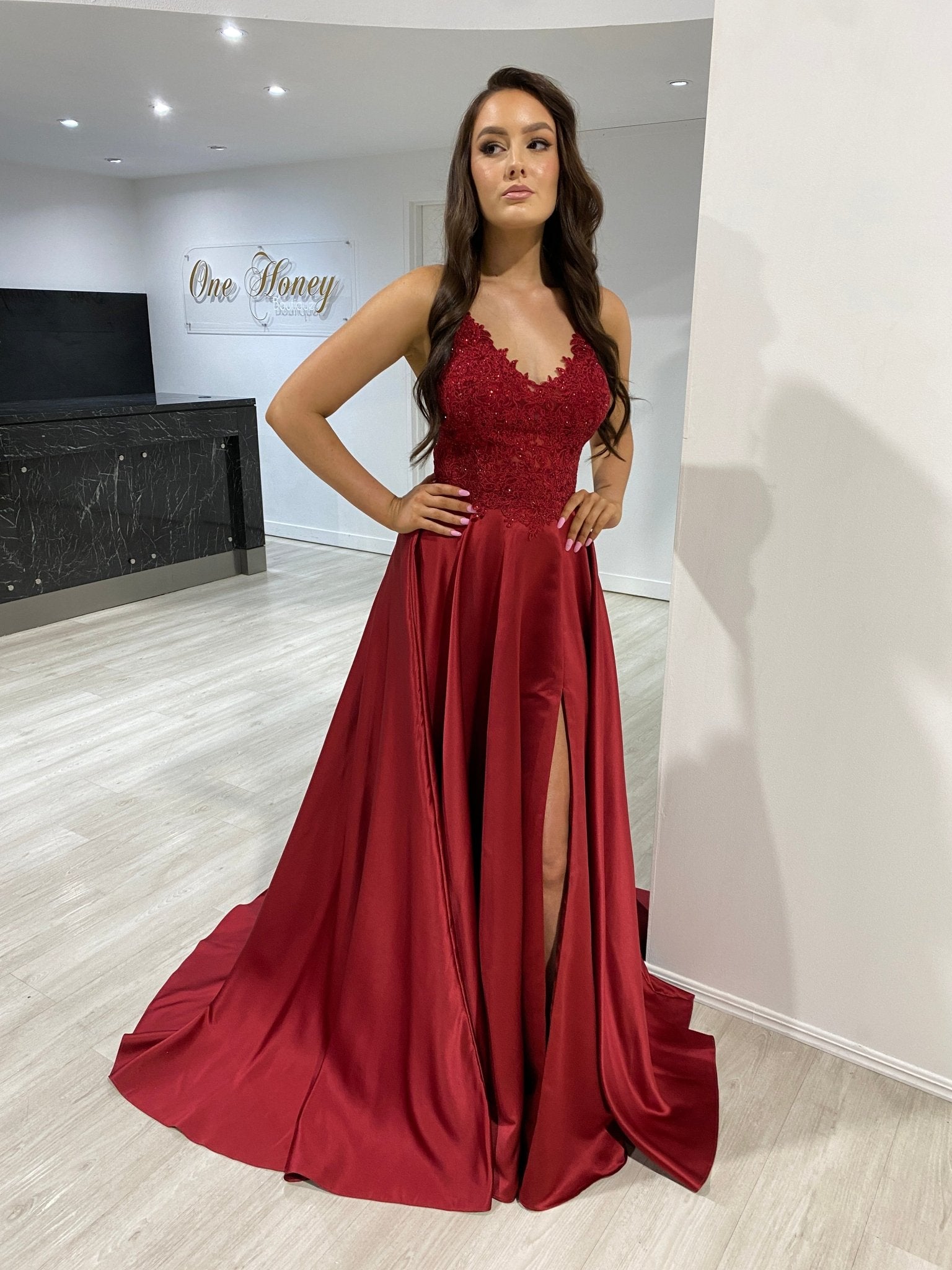 Honey Couture MATISSE Burgundy Satin A Line Corset Back Formal Dress in Australia | One Honey Boutique