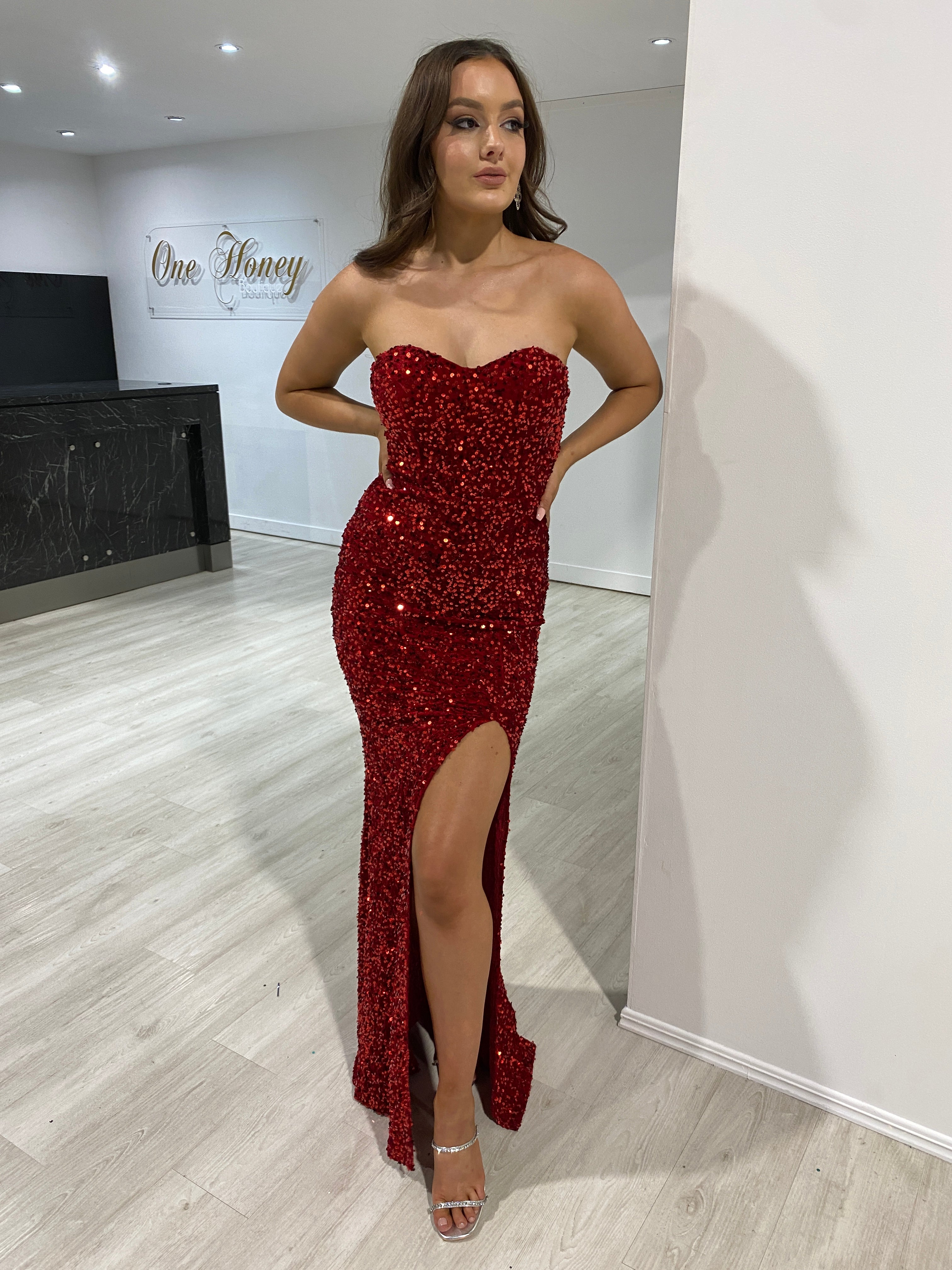 Honey Couture ADDISON Red Strapless Mermaid Evening Dress