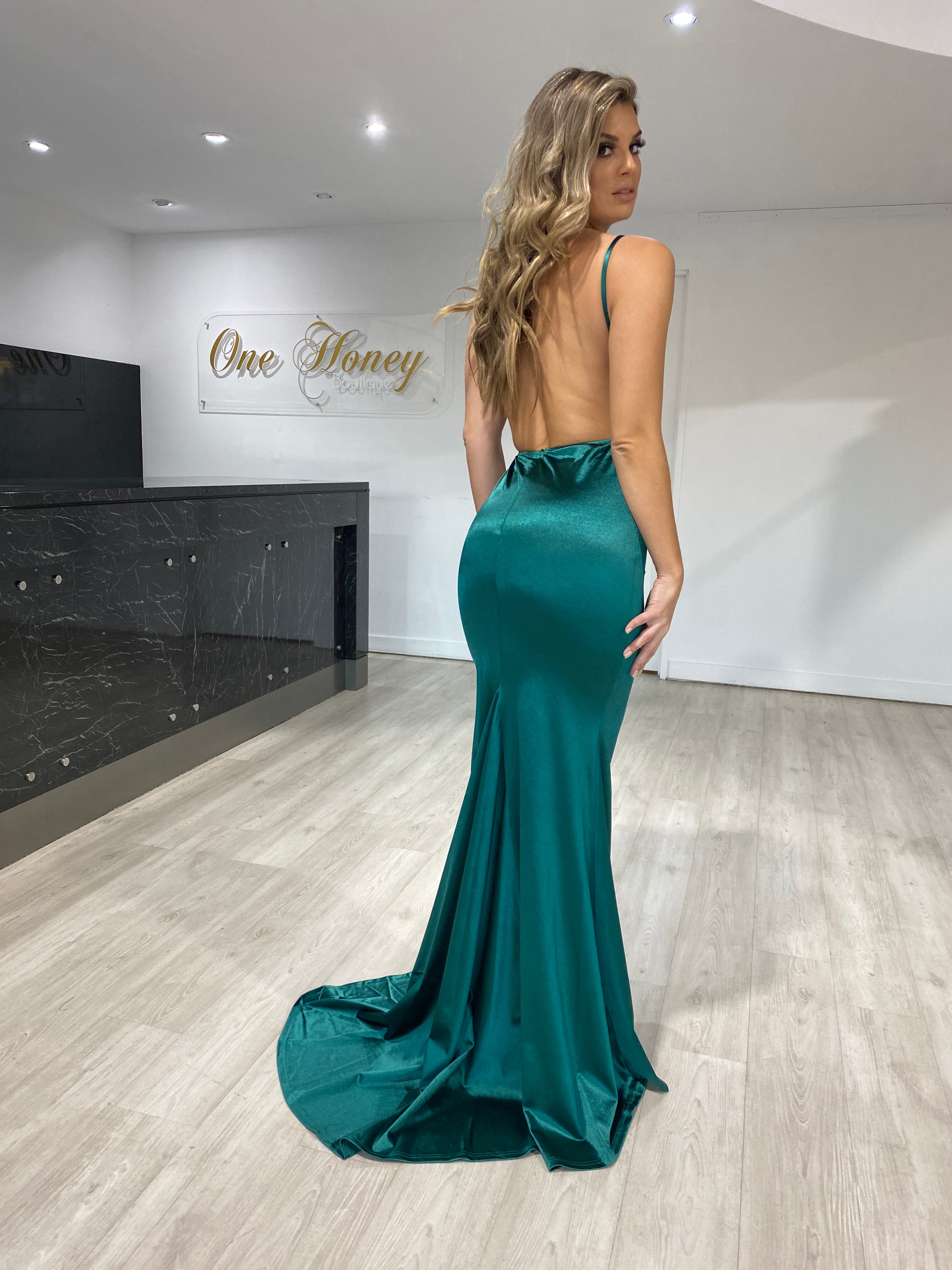 Honey Couture RILEY Emerald Green Low Back Mermaid Evening Gown Dress