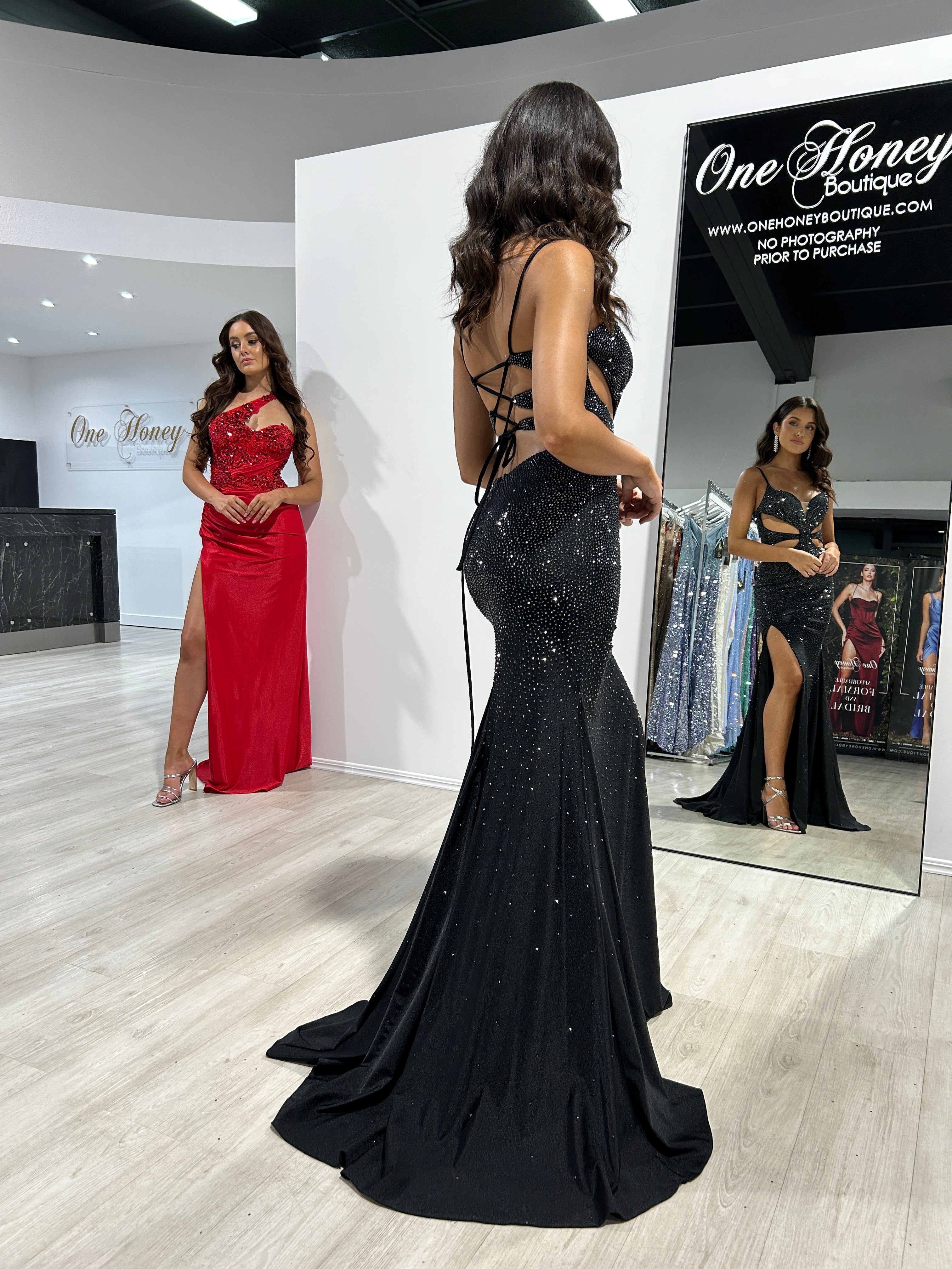 Honey Couture MAXX Black Diamanté Jersey Cut Out Mermaid Formal Dress