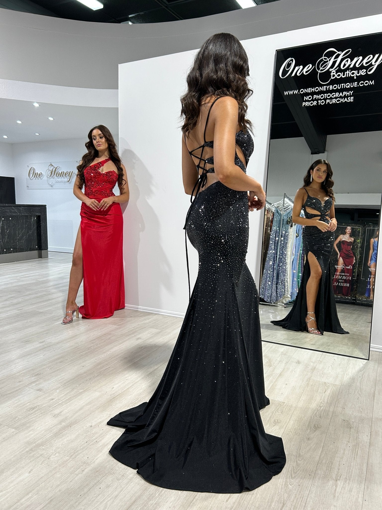 Honey Couture MAXX Black Diamanté Jersey Cut Out Mermaid Formal Dress in Australia | One Honey Boutique