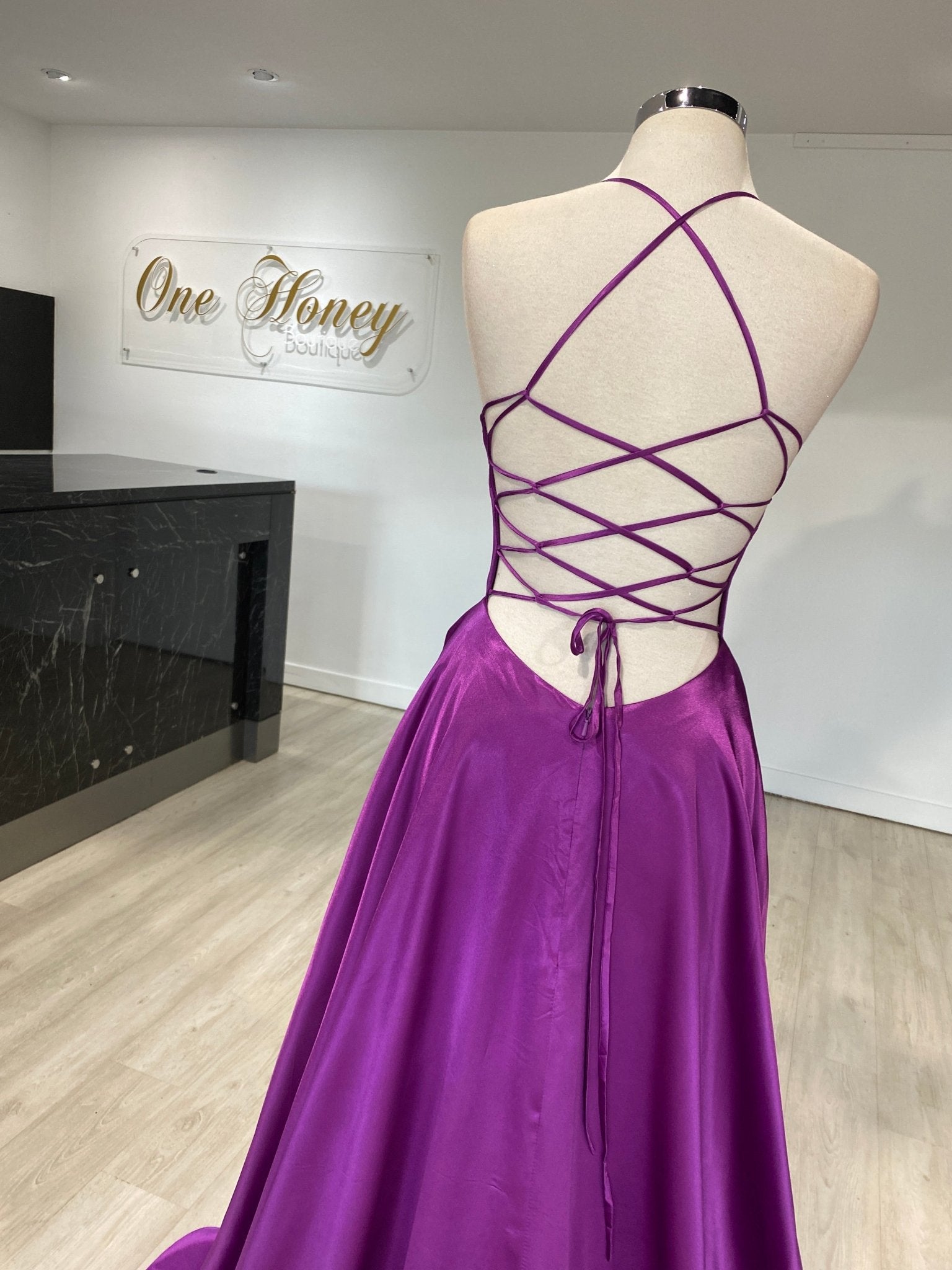 Honey Couture LUCINDA Lace Up Back Satin A Line Formal Dress in Australia | One Honey Boutique