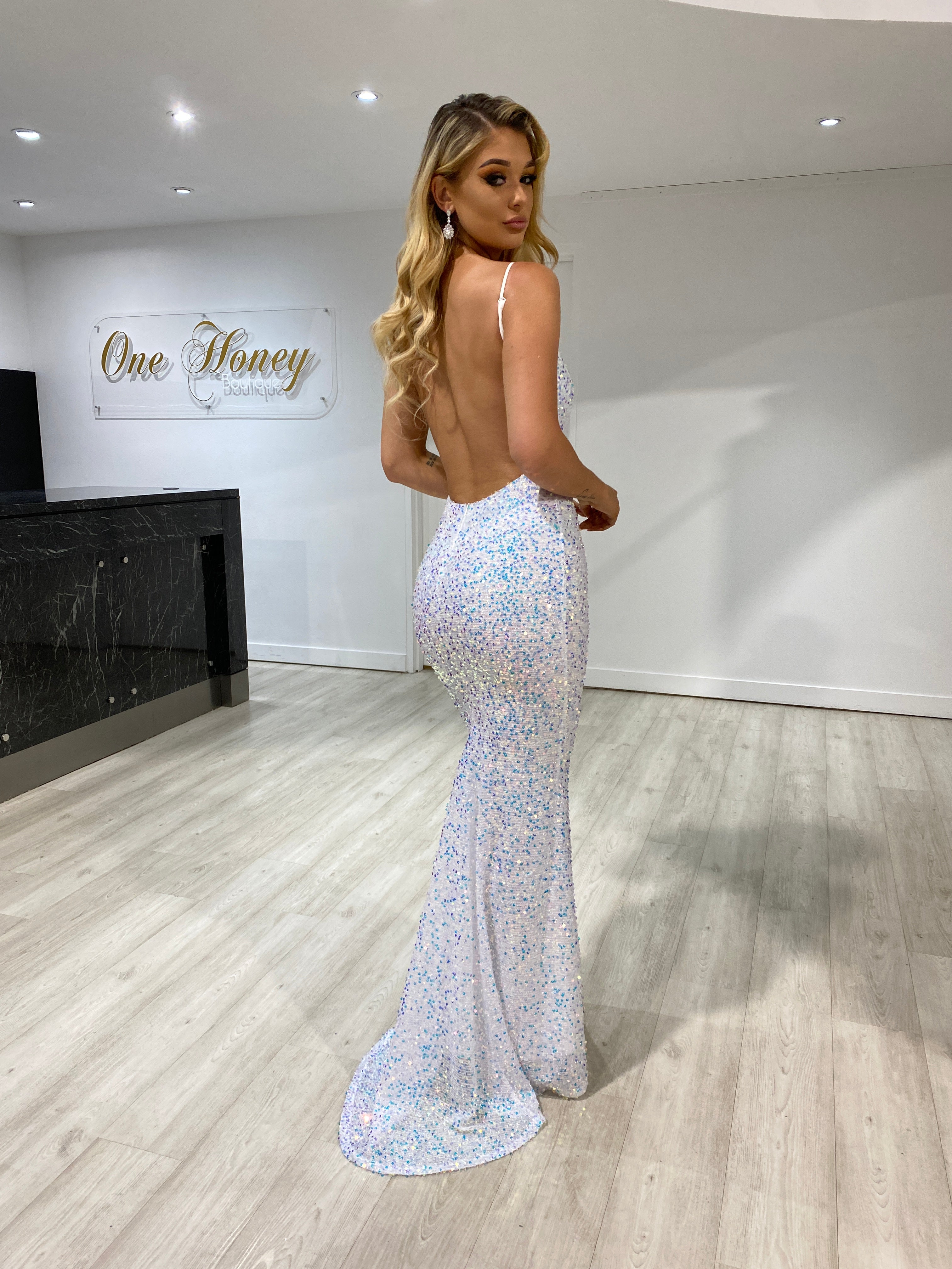 Honey Couture JULES White Low Back Sequin Mermaid Evening Gown Dress