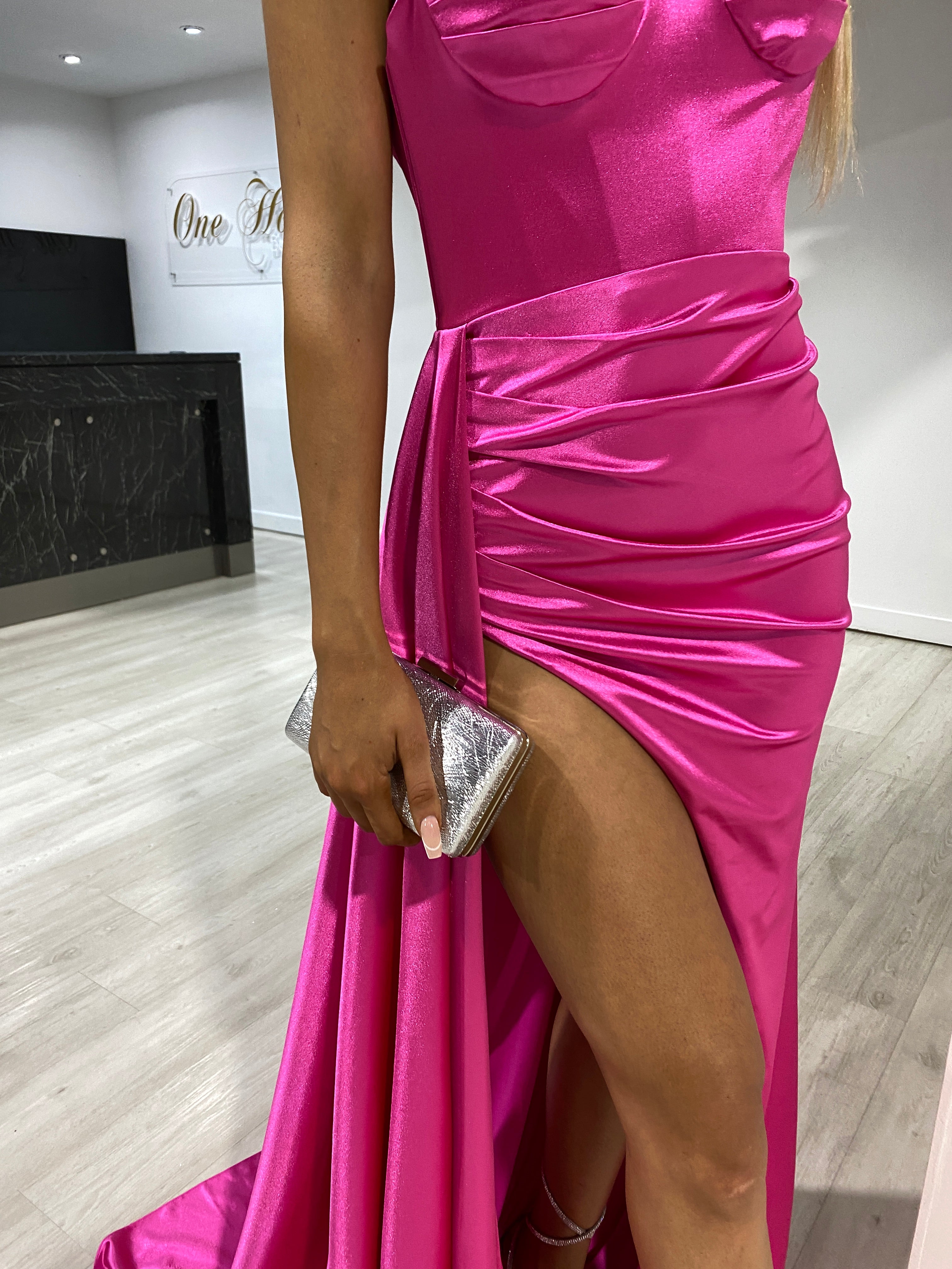 Honey Couture CECILA Fuchsia Hot Pink Diamante Bustier Formal Dress