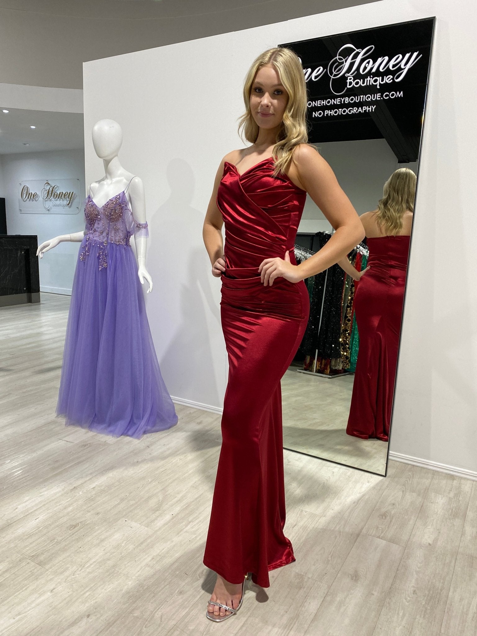 Honey Couture AZALIA Burgundy Silky Bustier Strapless Mermaid Formal Dress in Australia | One Honey Boutique