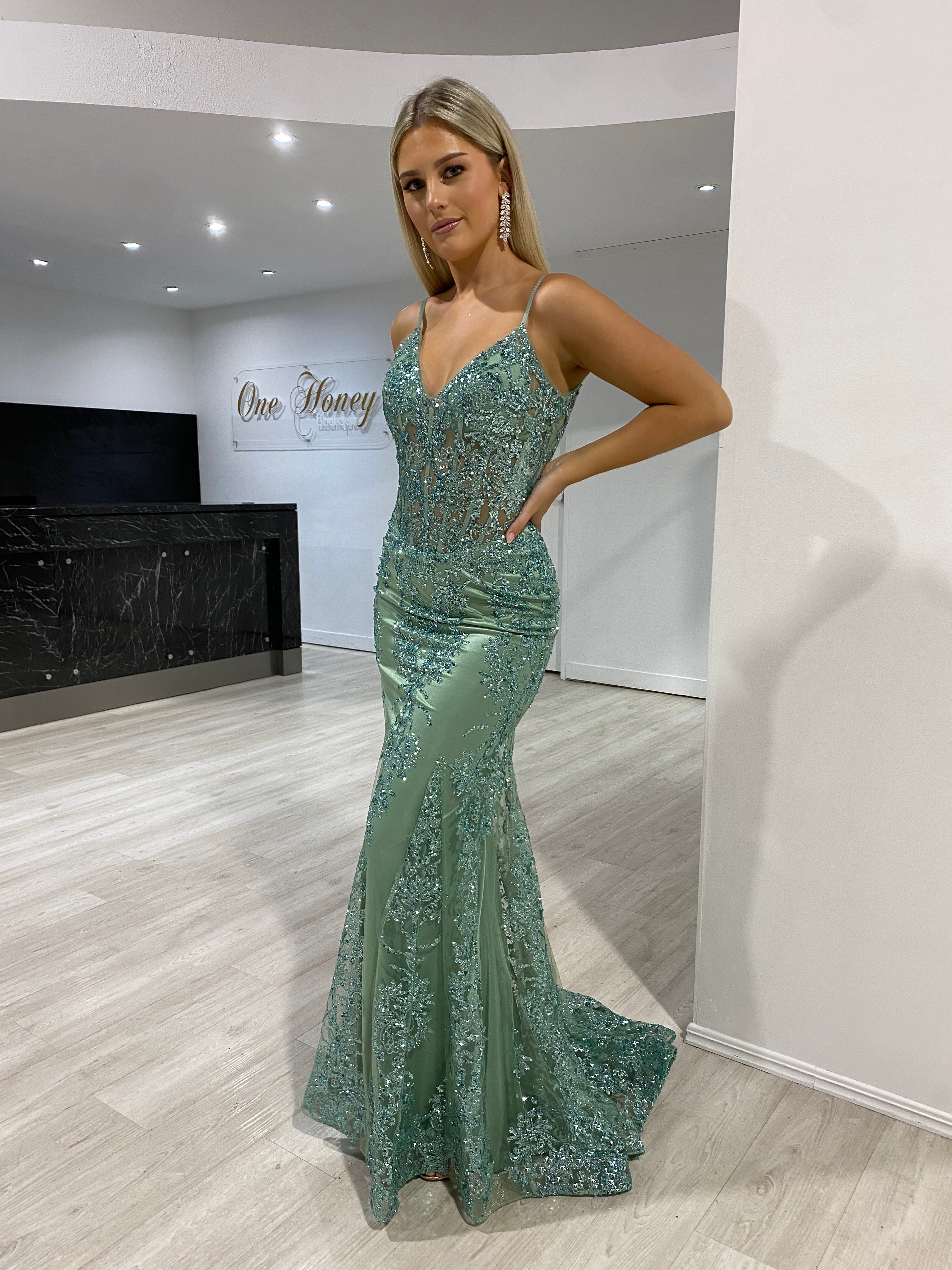 Honey Couture CAROLE Sage Green Sequin Corset Mermaid Formal Gown Dress