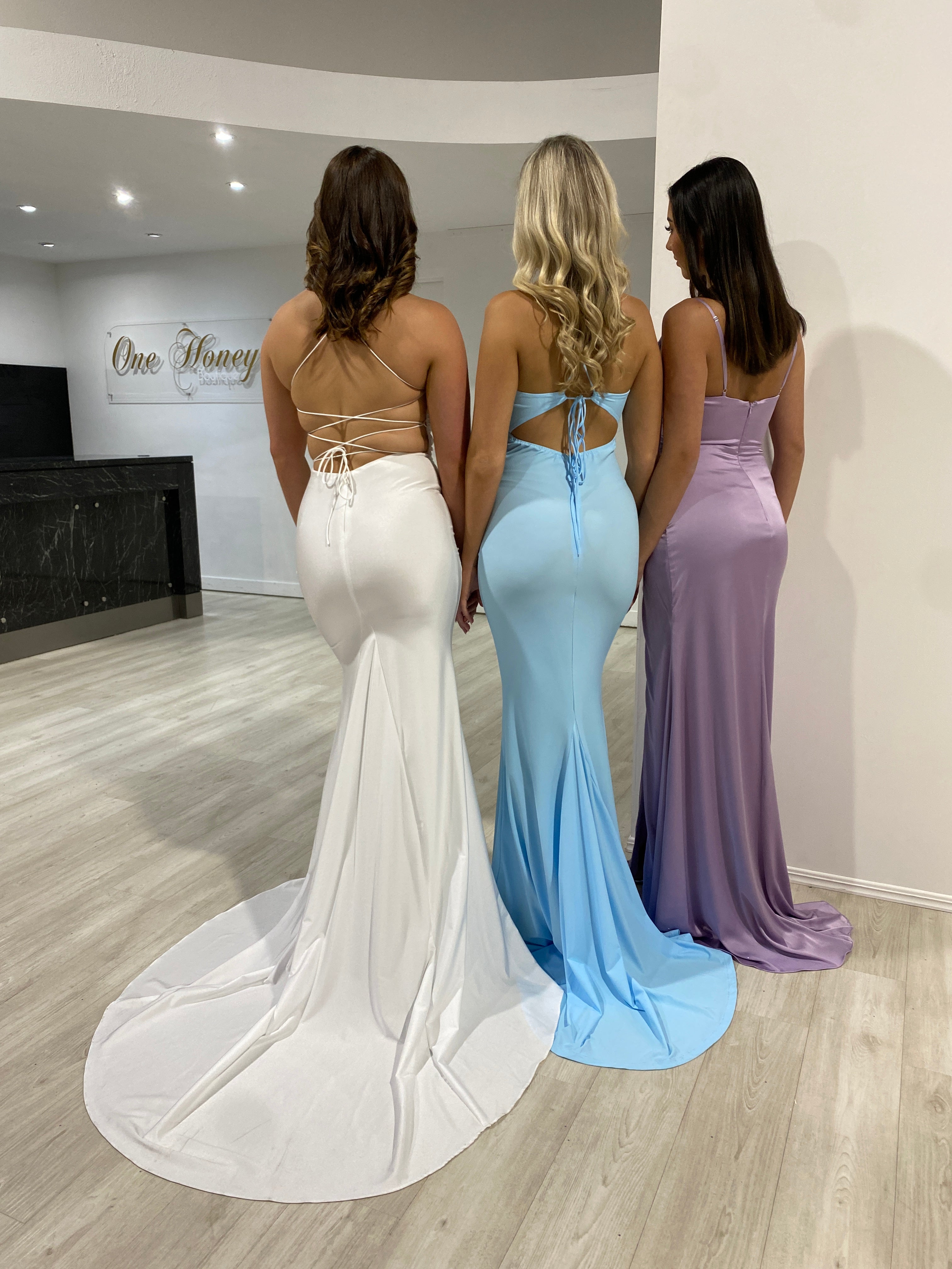 Honey Couture ELOISE Lavender Ruched Leg Split Silky Formal Dress