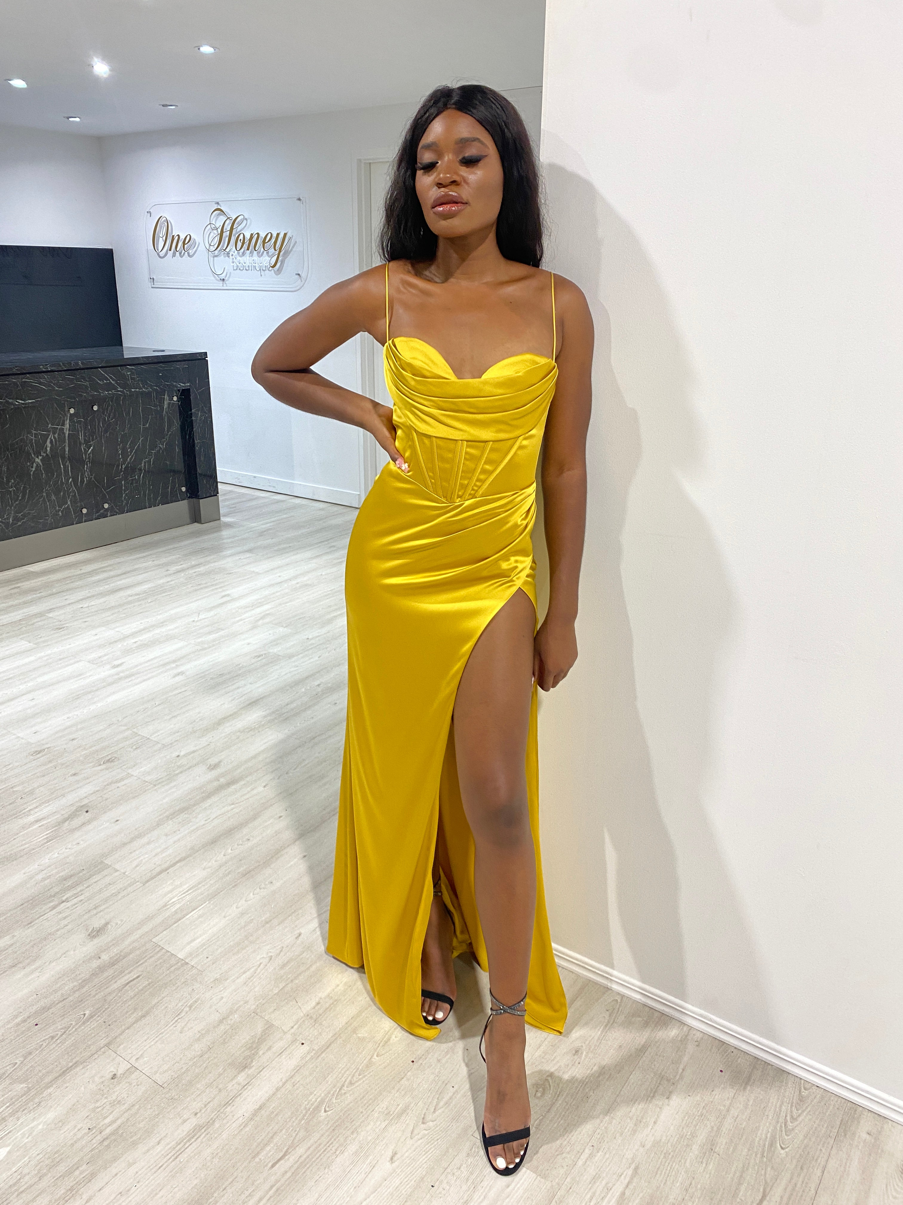 Honey Couture ZENDAYA Marigold Yellow Satin Corset Bustier Leg Split Formal Dress