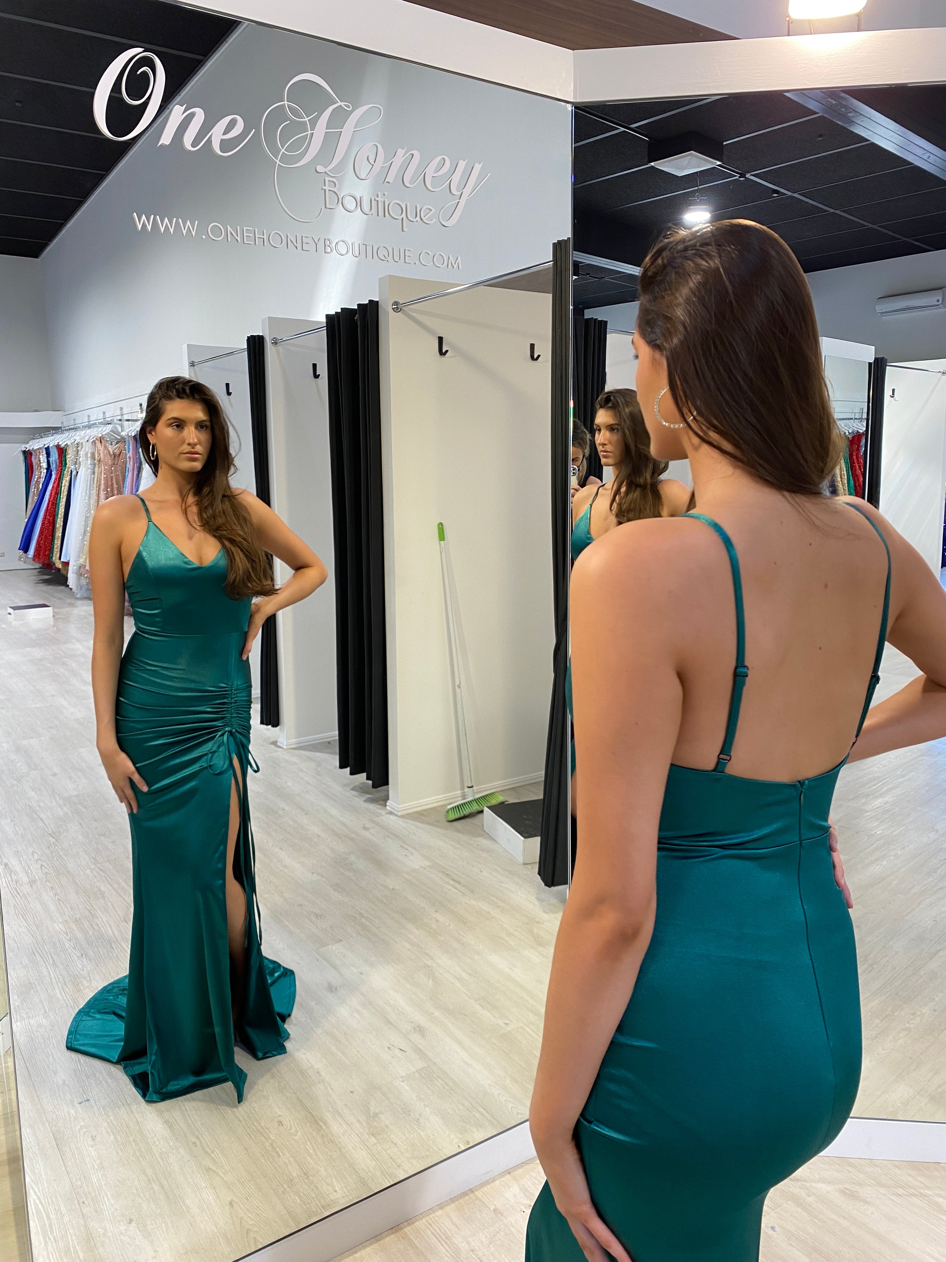 Honey Couture SIBYLLE Emerald Green Silky Mermaid Formal Dress