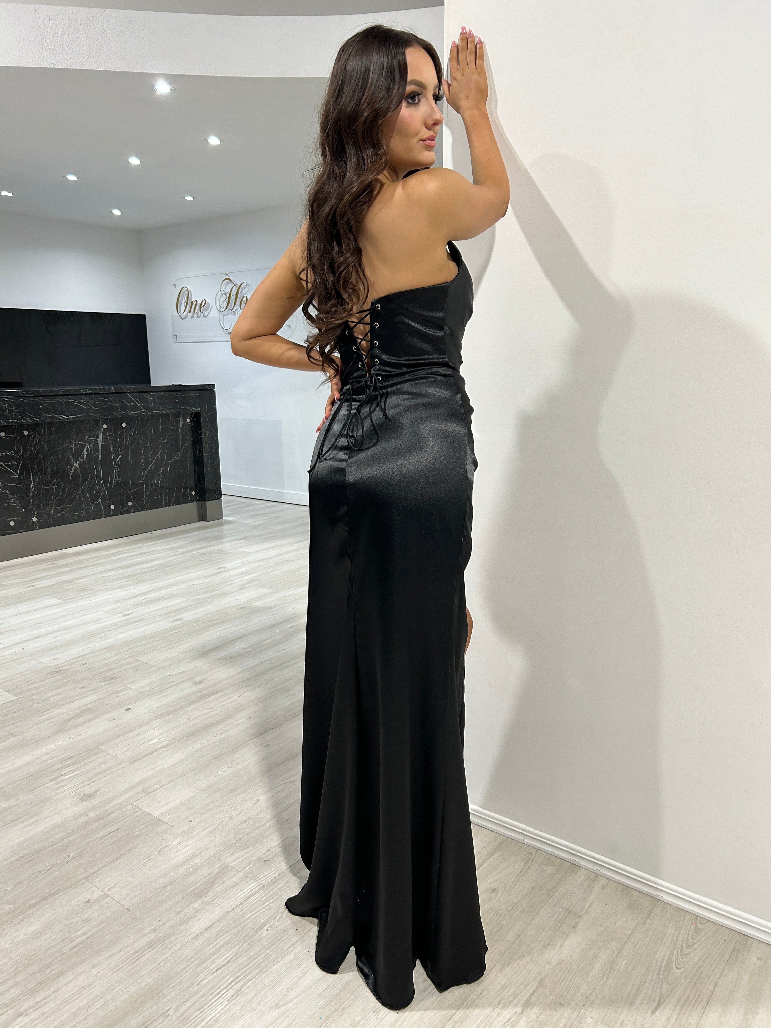 Honey Couture ELVIRA Black Strapless Silky Embellished Corset Mermaid Formal Dress