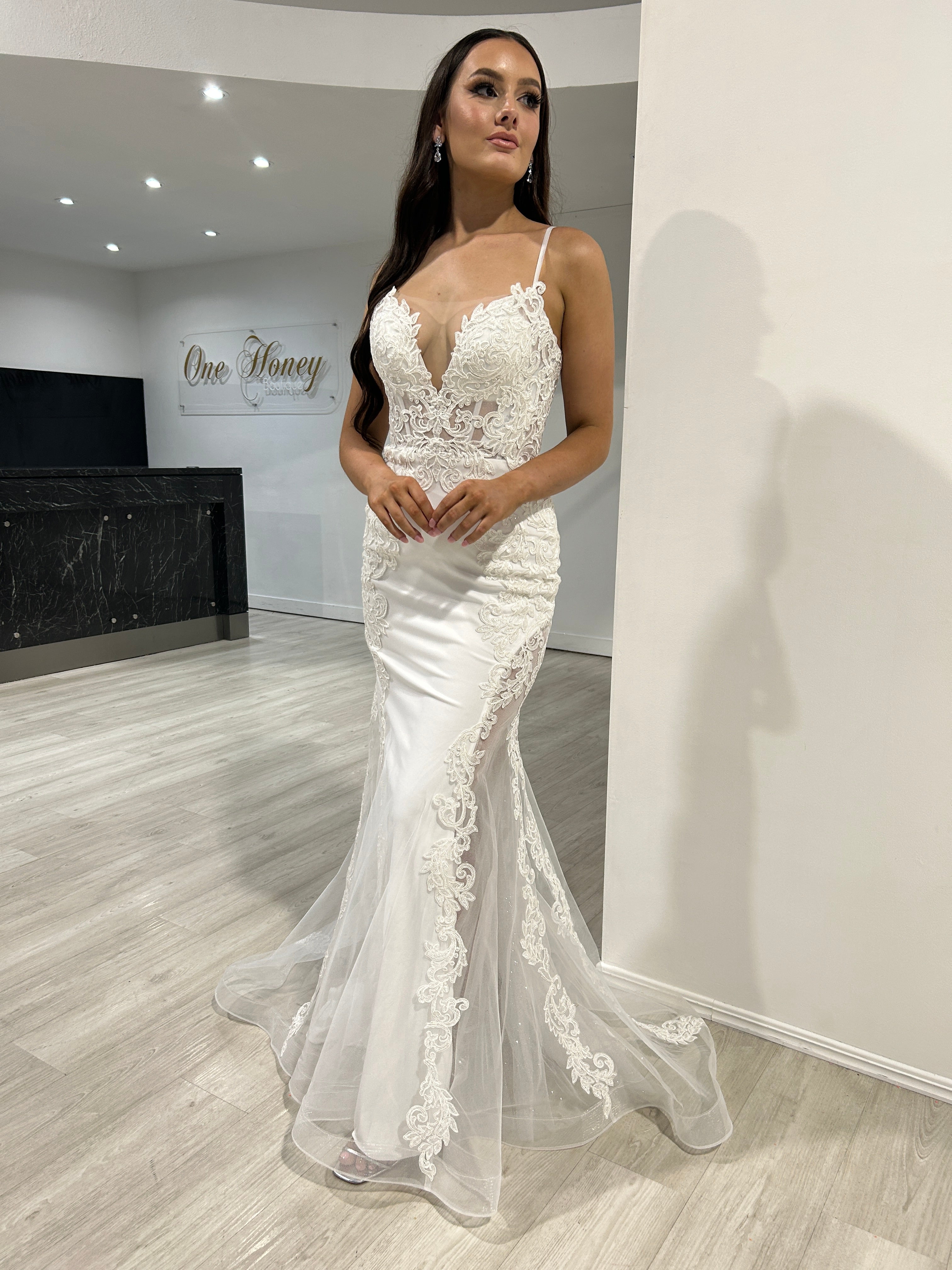 Honey Couture SASKIA Off White Mesh Insert Bridal Mermaid Formal Dress