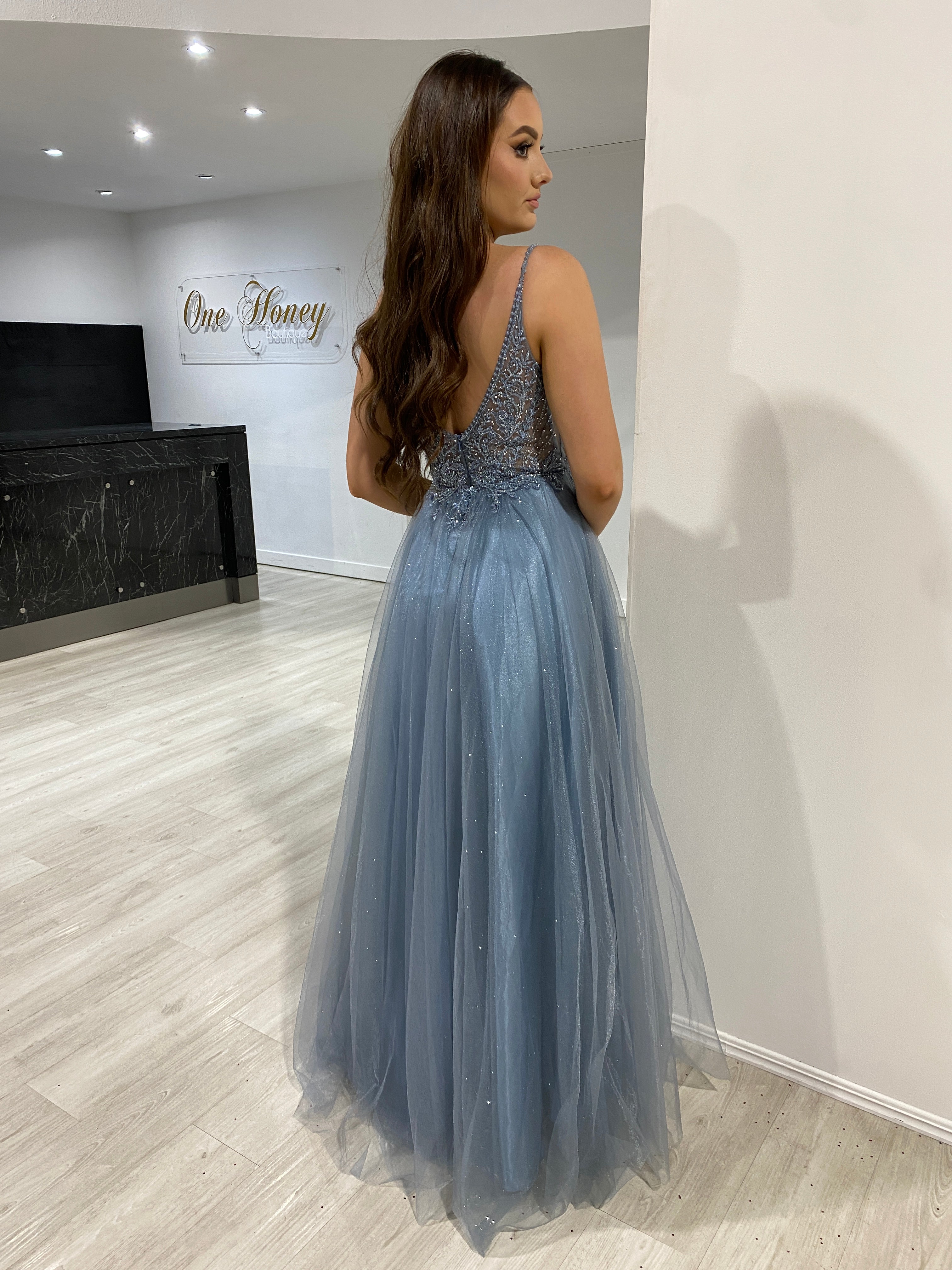 Honey Couture AMORET Smokey Blue Tulle Formal Dress