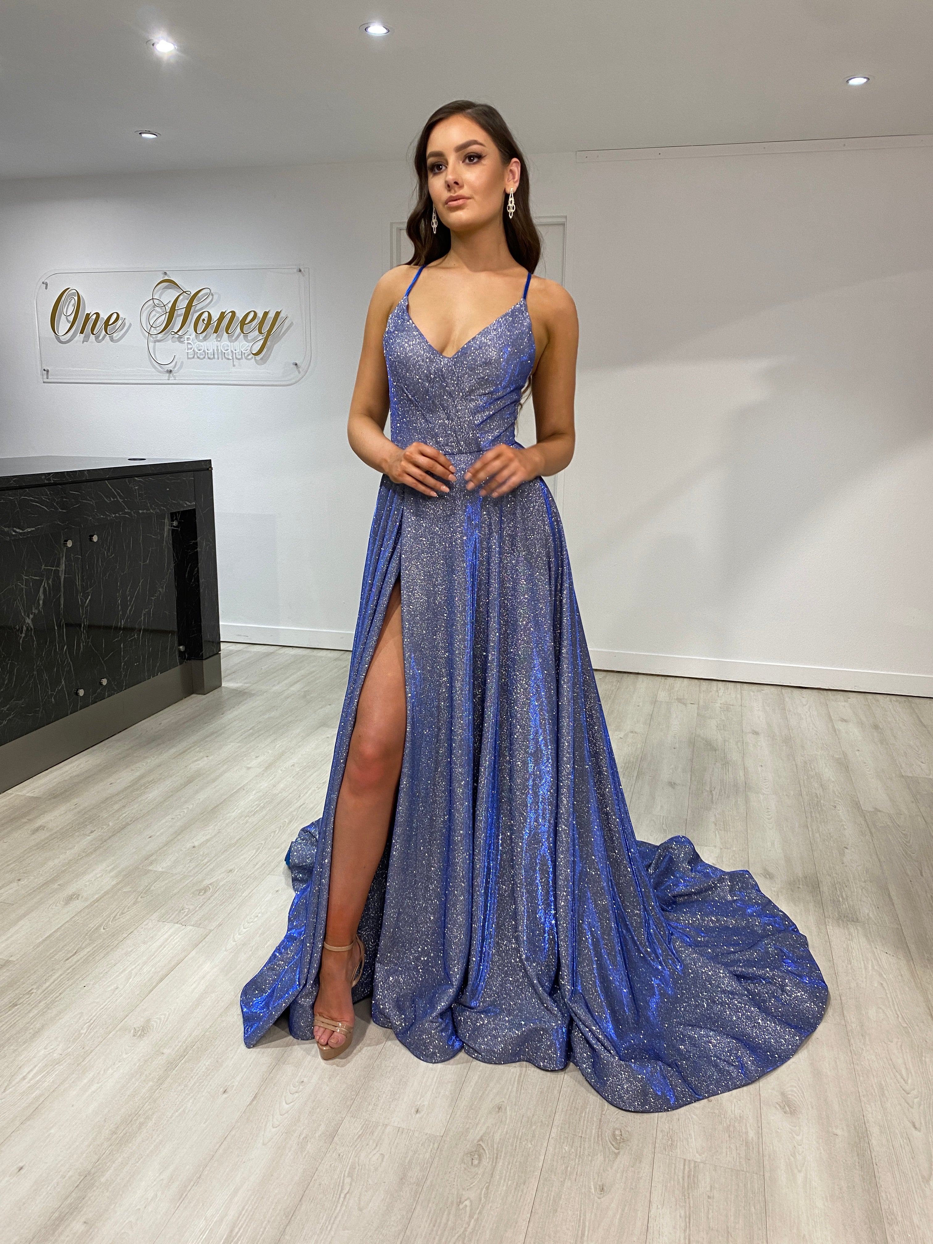 Honey Couture TAHLIA w DANIELLA Back Glitter Fabric Lace Up Back Formal Dress