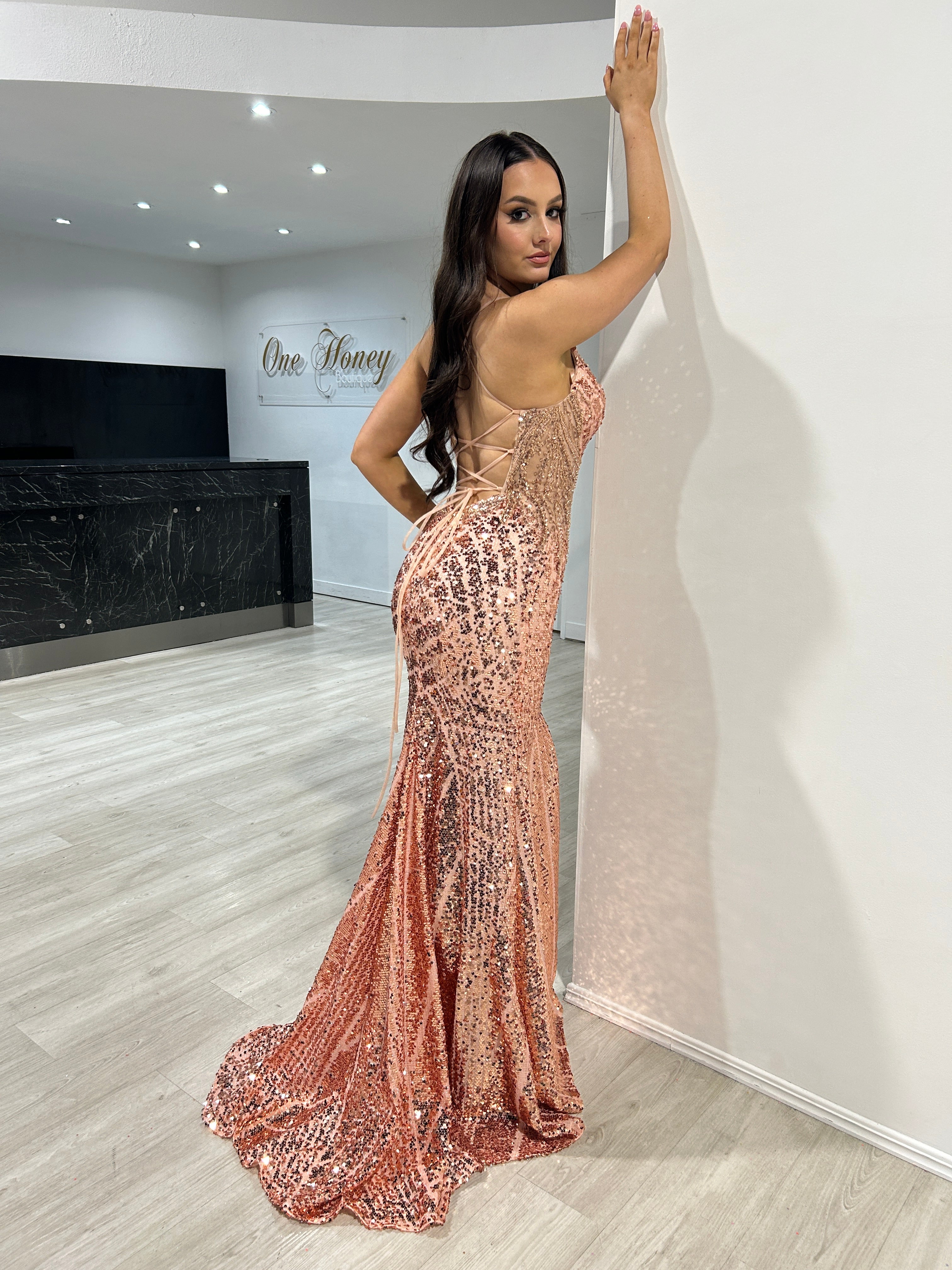 Honey Couture RICHIE Rose Gold Sequin Mermaid Evening Gown Dress