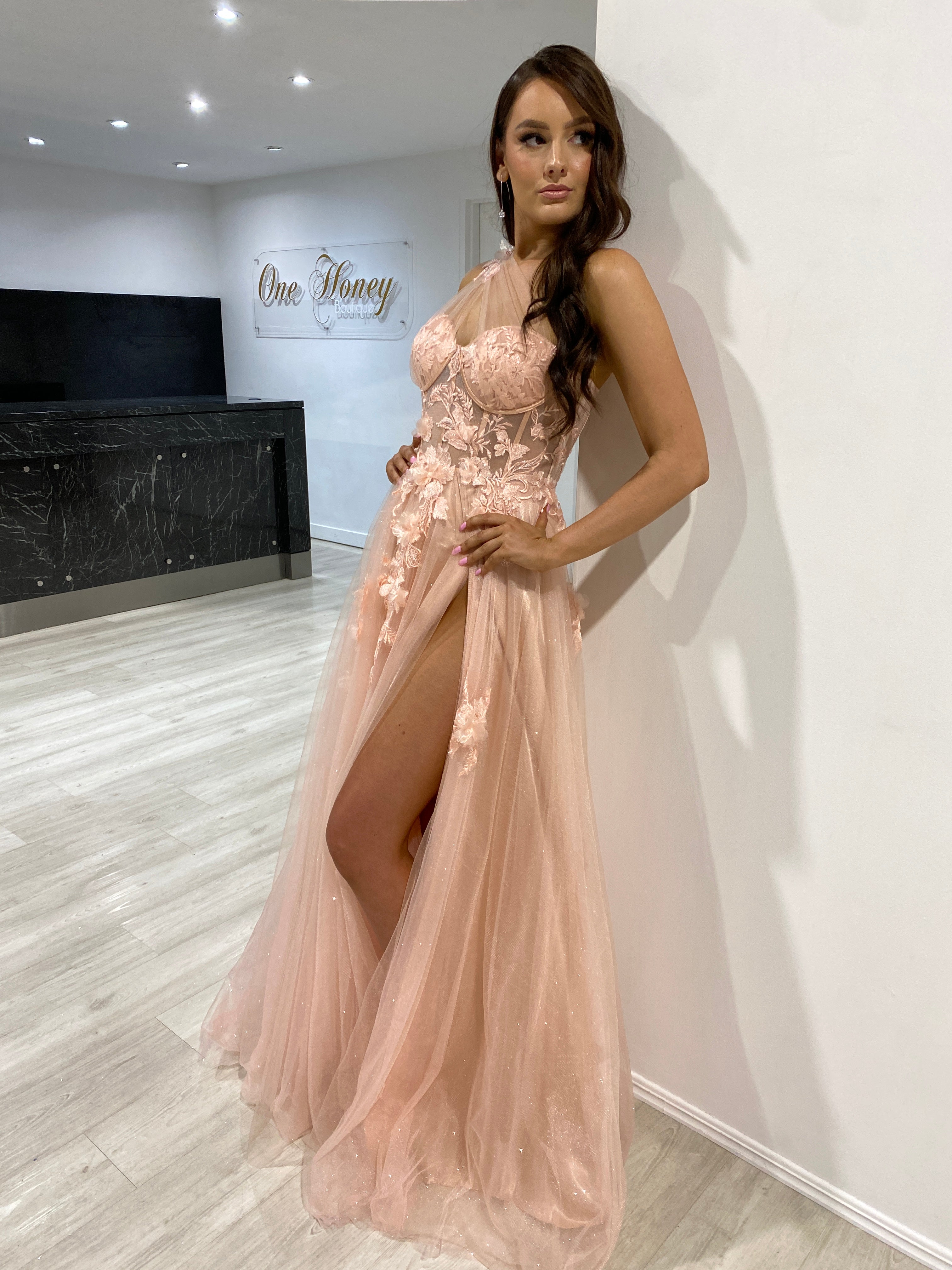 Honey Couture LUCIA Blush Pink Sheer Bustier Corset Tulle Formal Gown