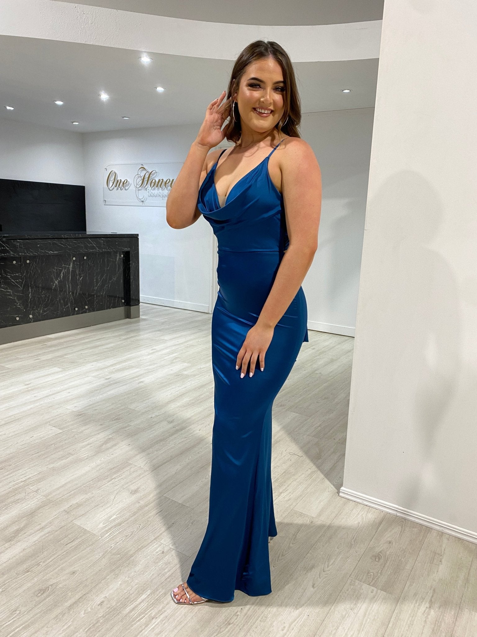 TALEAH Cowl Neck Tie Back Silky Bridesmaid Semi Formal Dress in Australia | One Honey Boutique