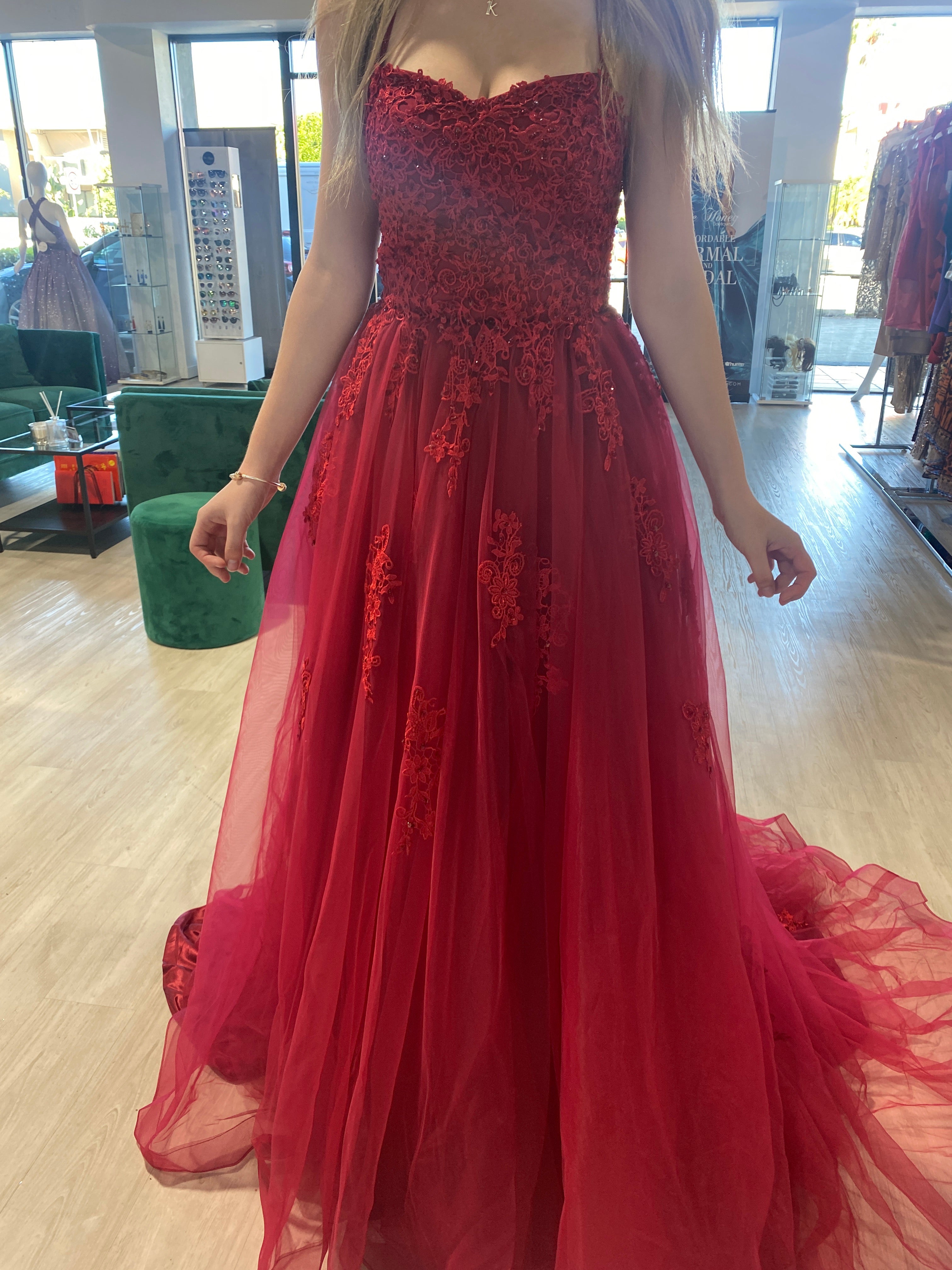Honey Couture FREYA Beaded Applique Corset Lace Up Back Tulle Skirt Formal Dress