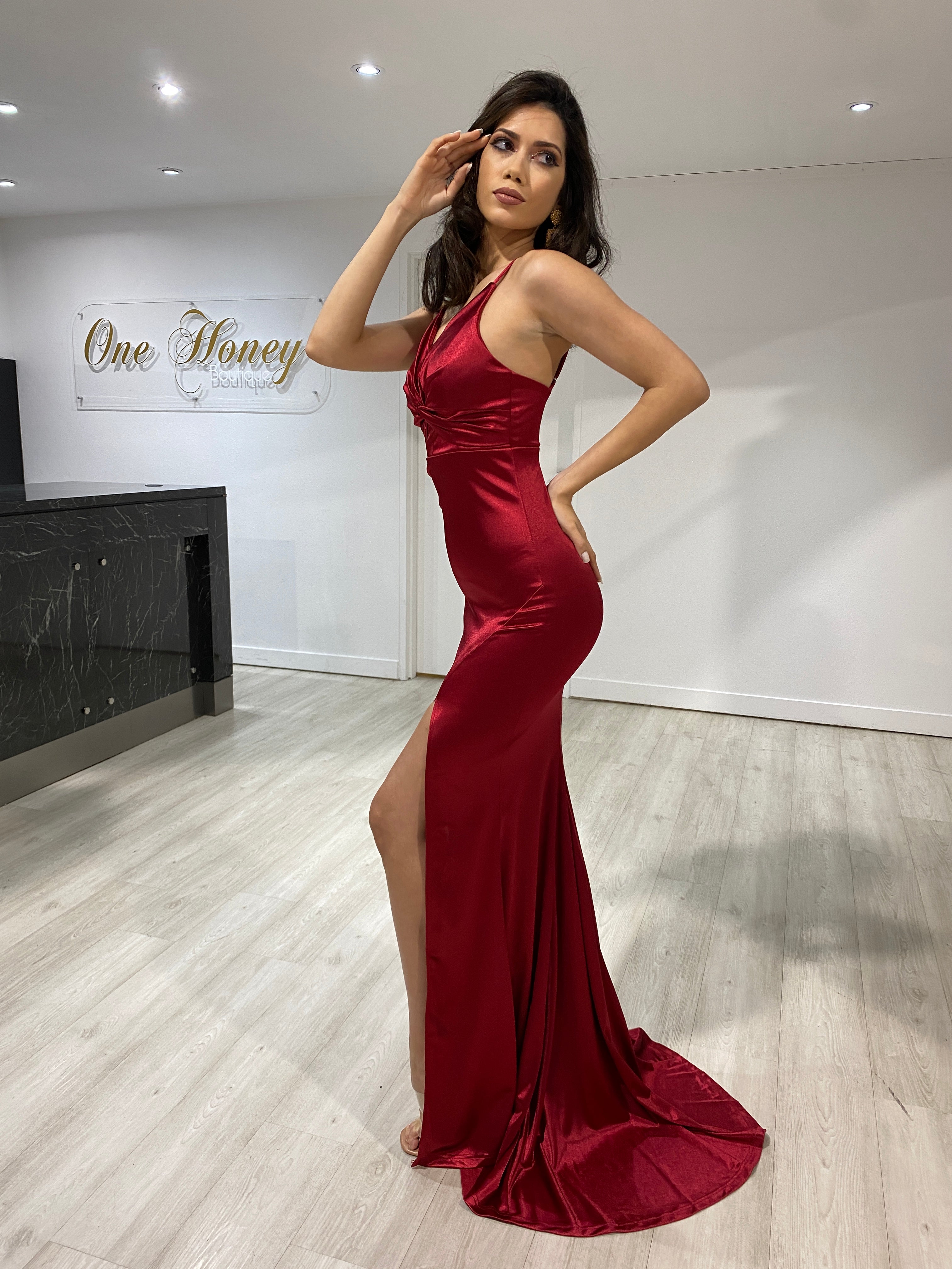 Honey Couture RAYNE Burgundy Silky Knot Feature Mermaid Formal Dress