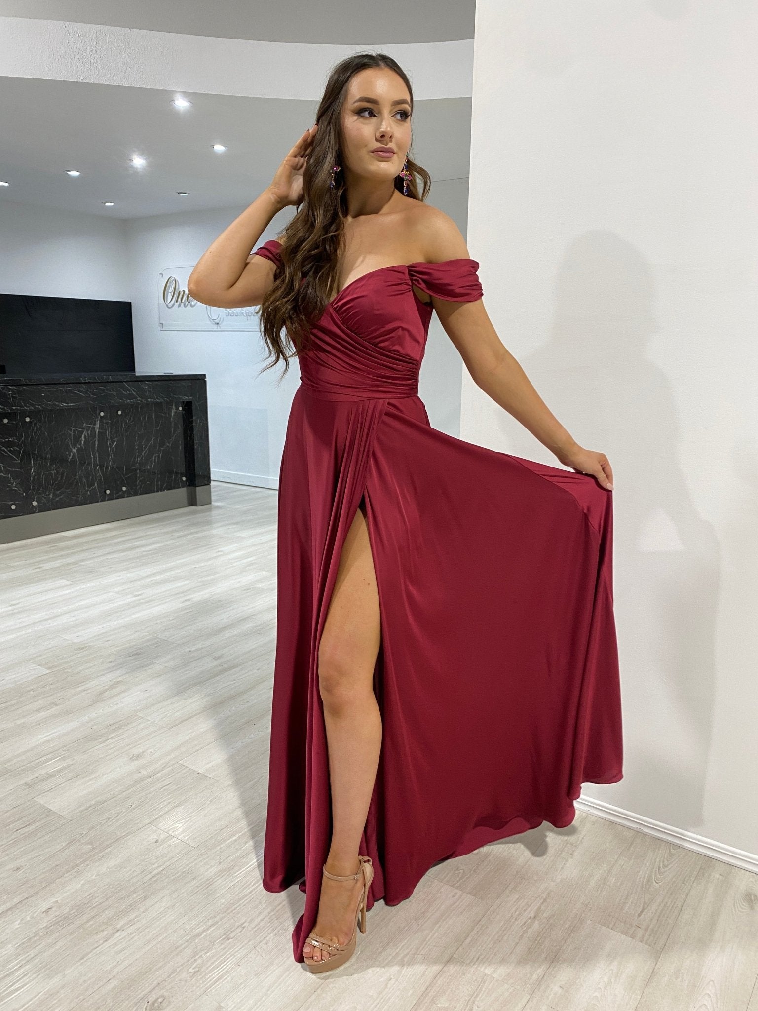 AURA Off the Shoulder Silky A Line Bridesmaid Formal Dress in Australia | One Honey Boutique
