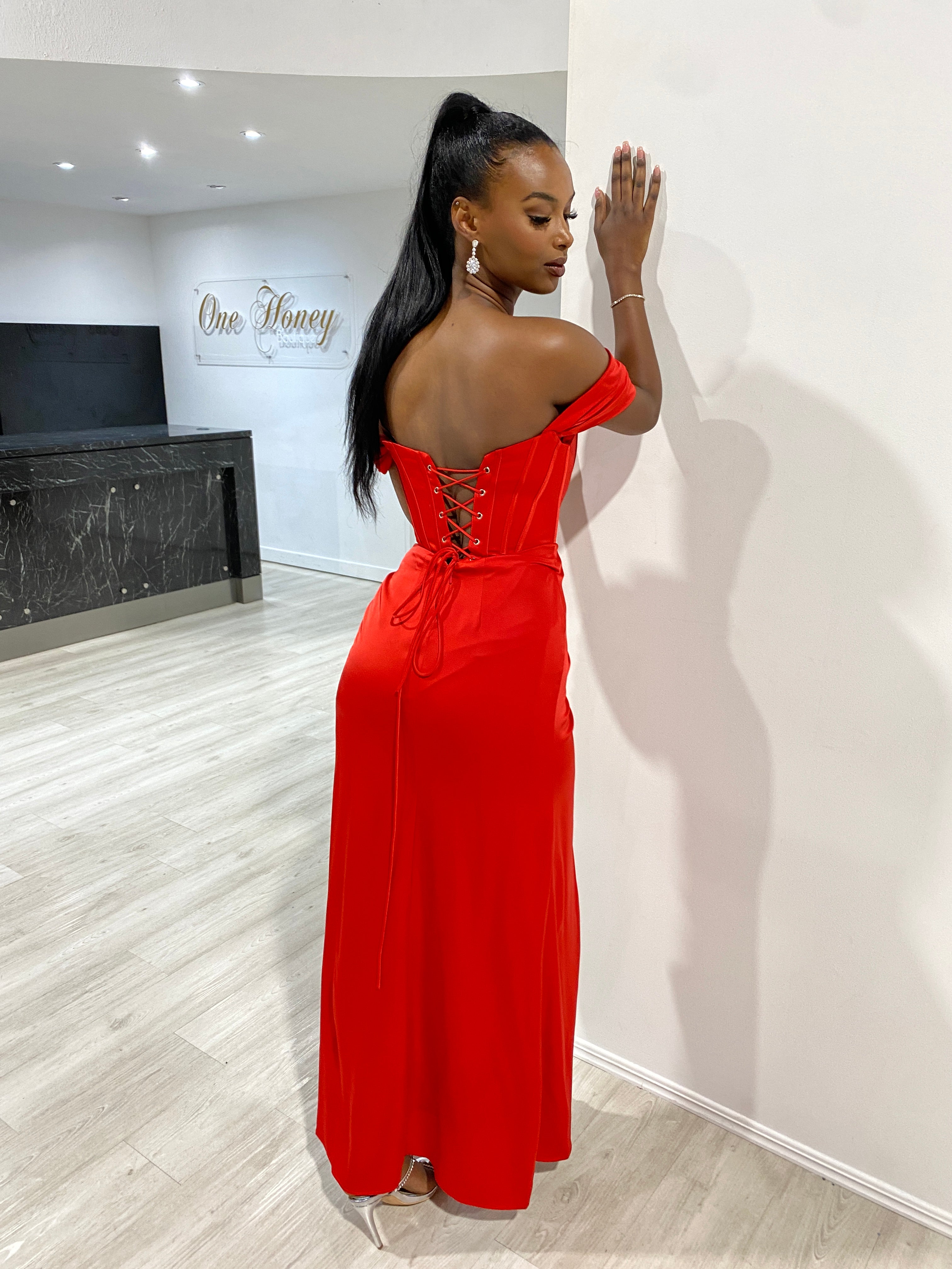 Honey Couture TYRA Red Corset Bustier Leg Split Formal Dress