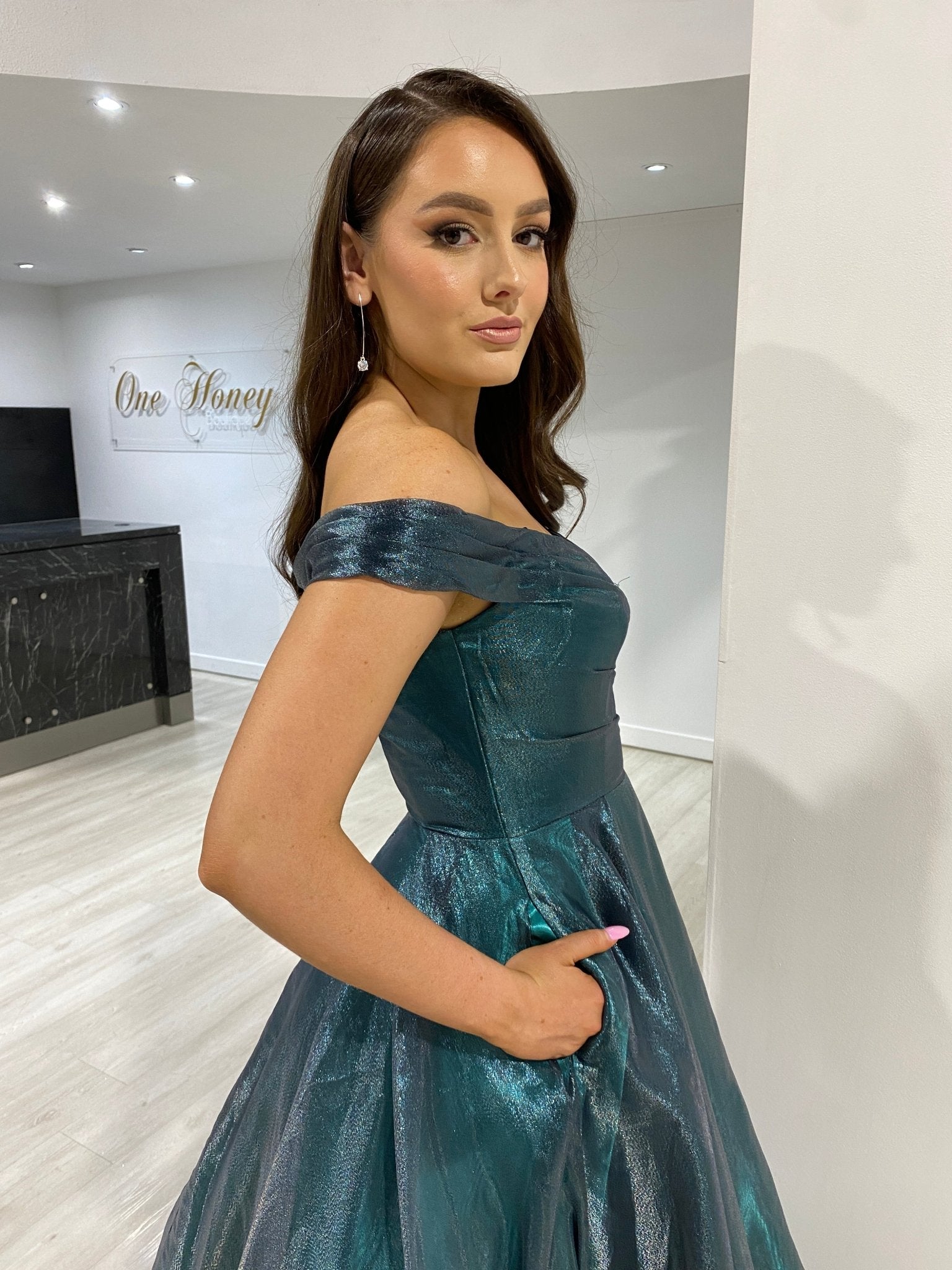SARIA Off Shoulder Shimmer Ballgown Prom & Formal Dress in Australia | One Honey Boutique