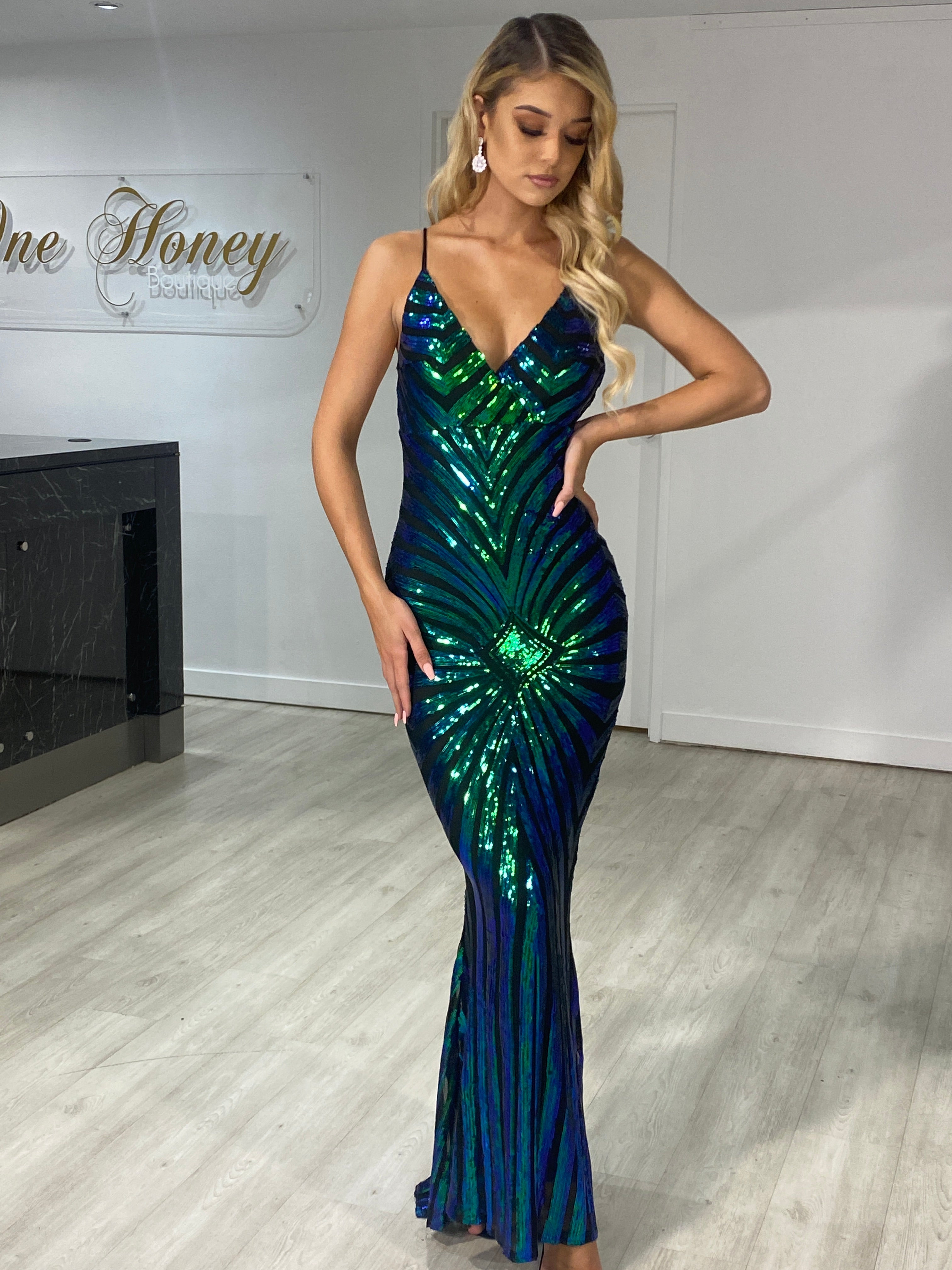 Honey Couture MATILDA Green & Blue Multi Sequin Mermaid Formal Dress