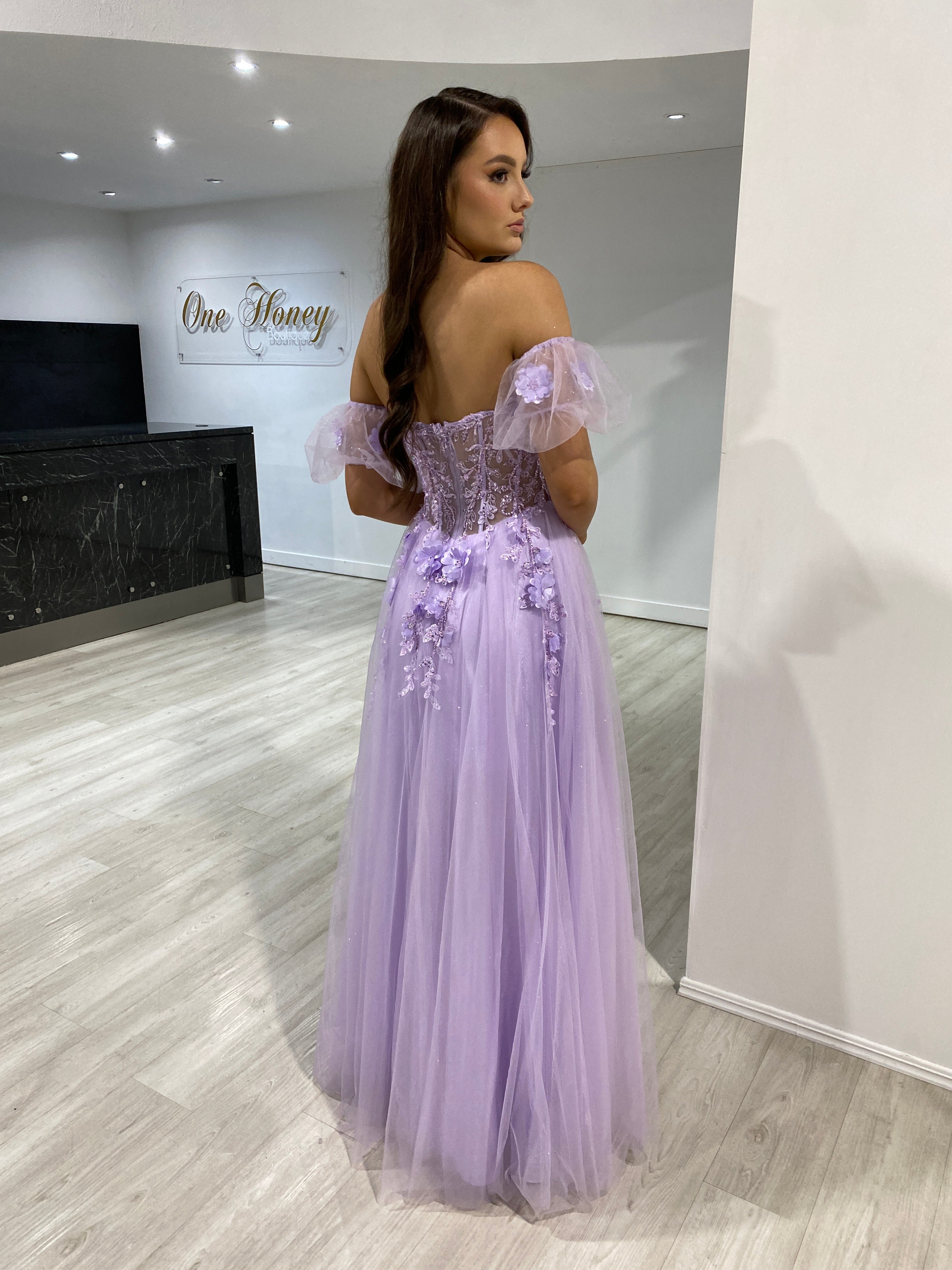 Honey Couture BLOOM Lilac Purple Bustier Lace Applique Tulle Formal Dress