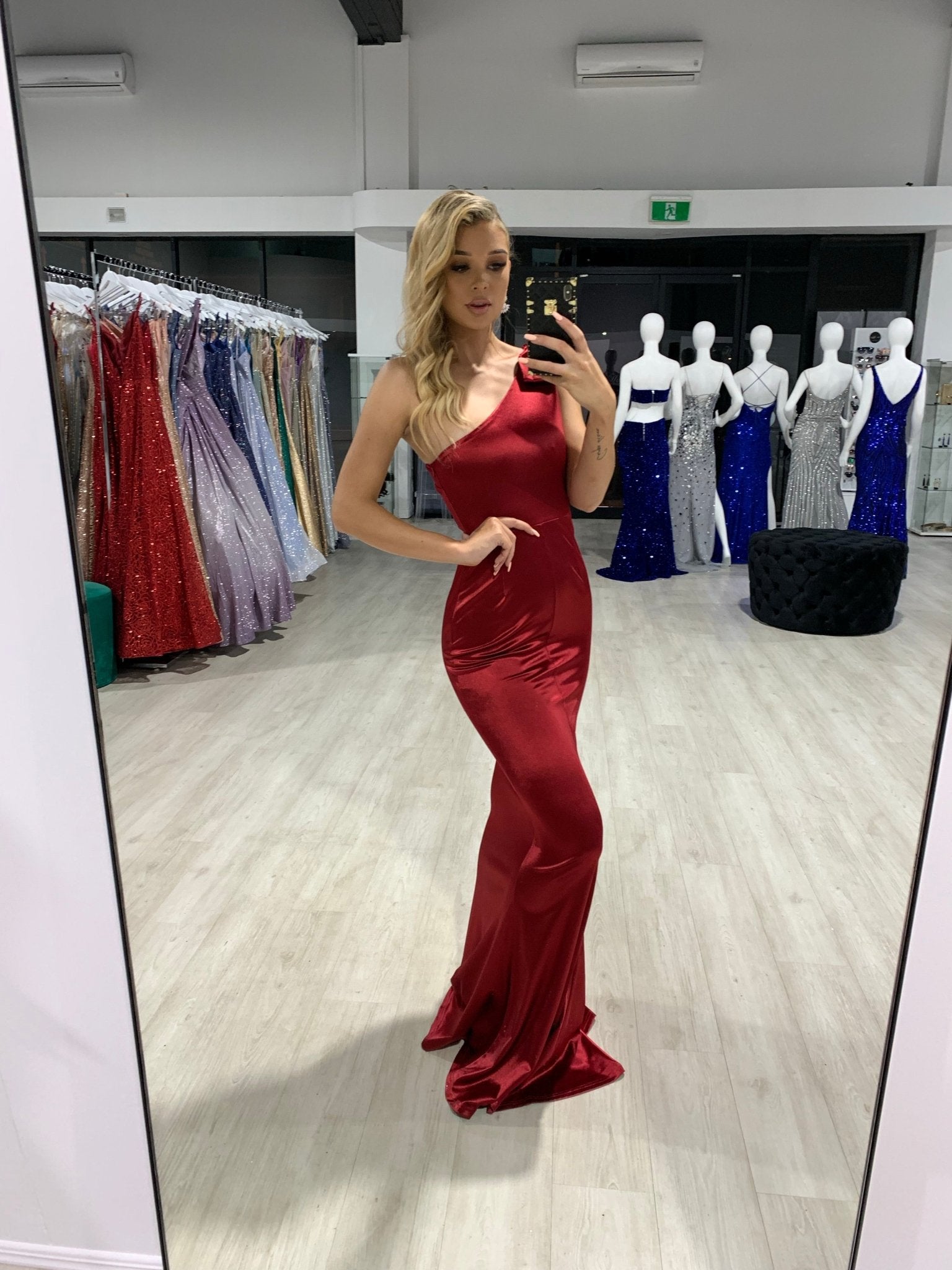 Honey Couture ALEXIS Burgundy Silky Frilly One Shoulder Mermaid Formal Dress in Australia | One Honey Boutique