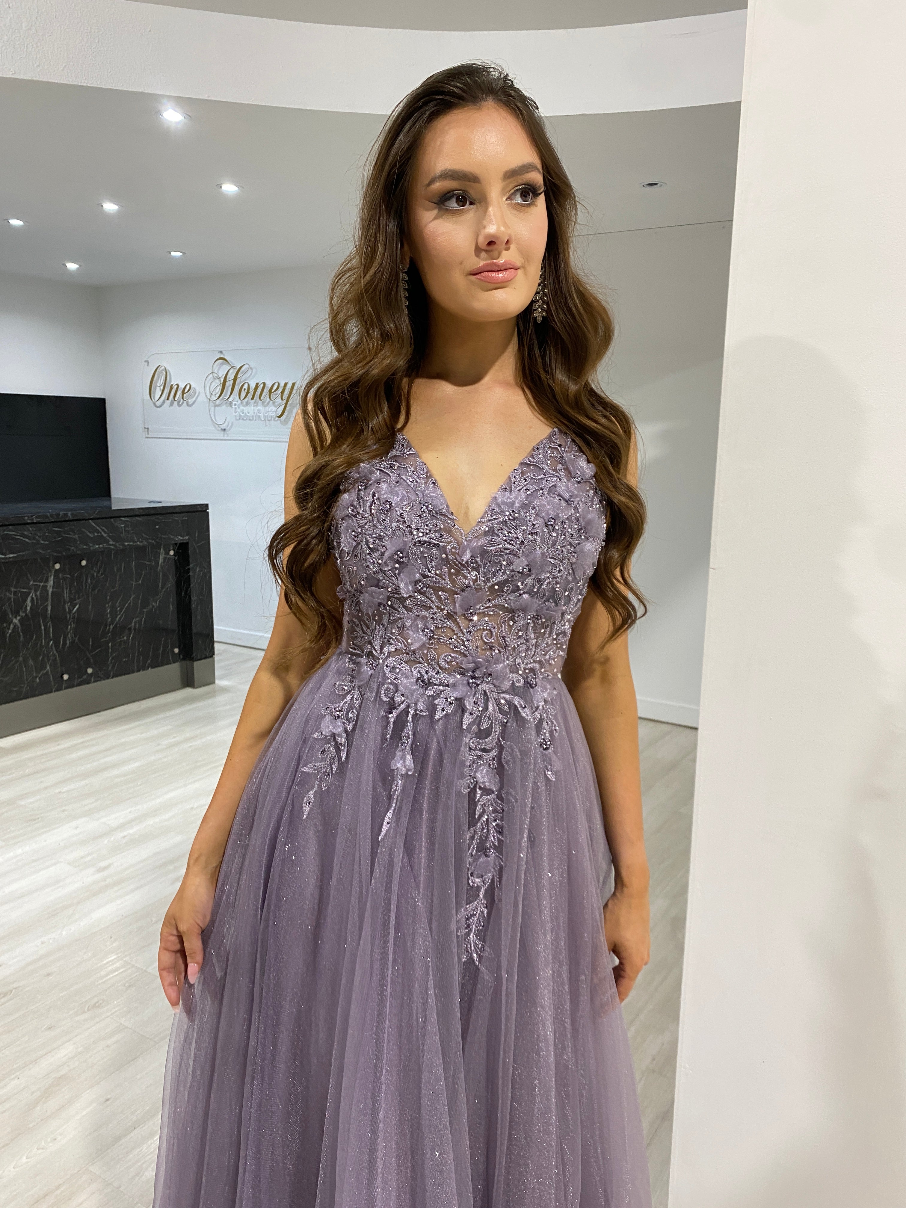 Honey Couture DEMIKA English Violet 3D Flowers Tulle Formal Gown Dress