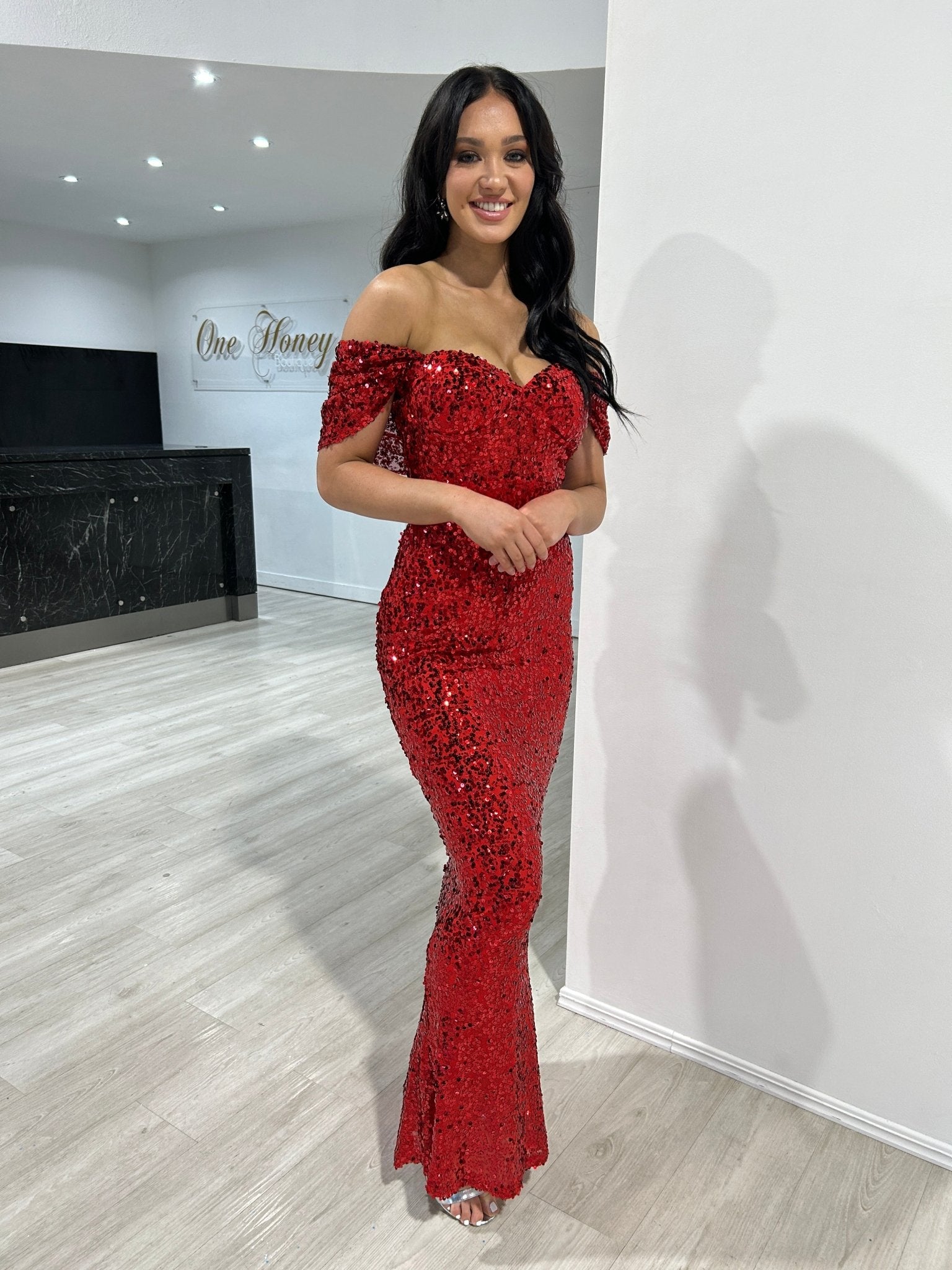 Honey Couture COLLEN Red Off The Shoulder Mermaid Evening Dress in Australia | One Honey Boutique