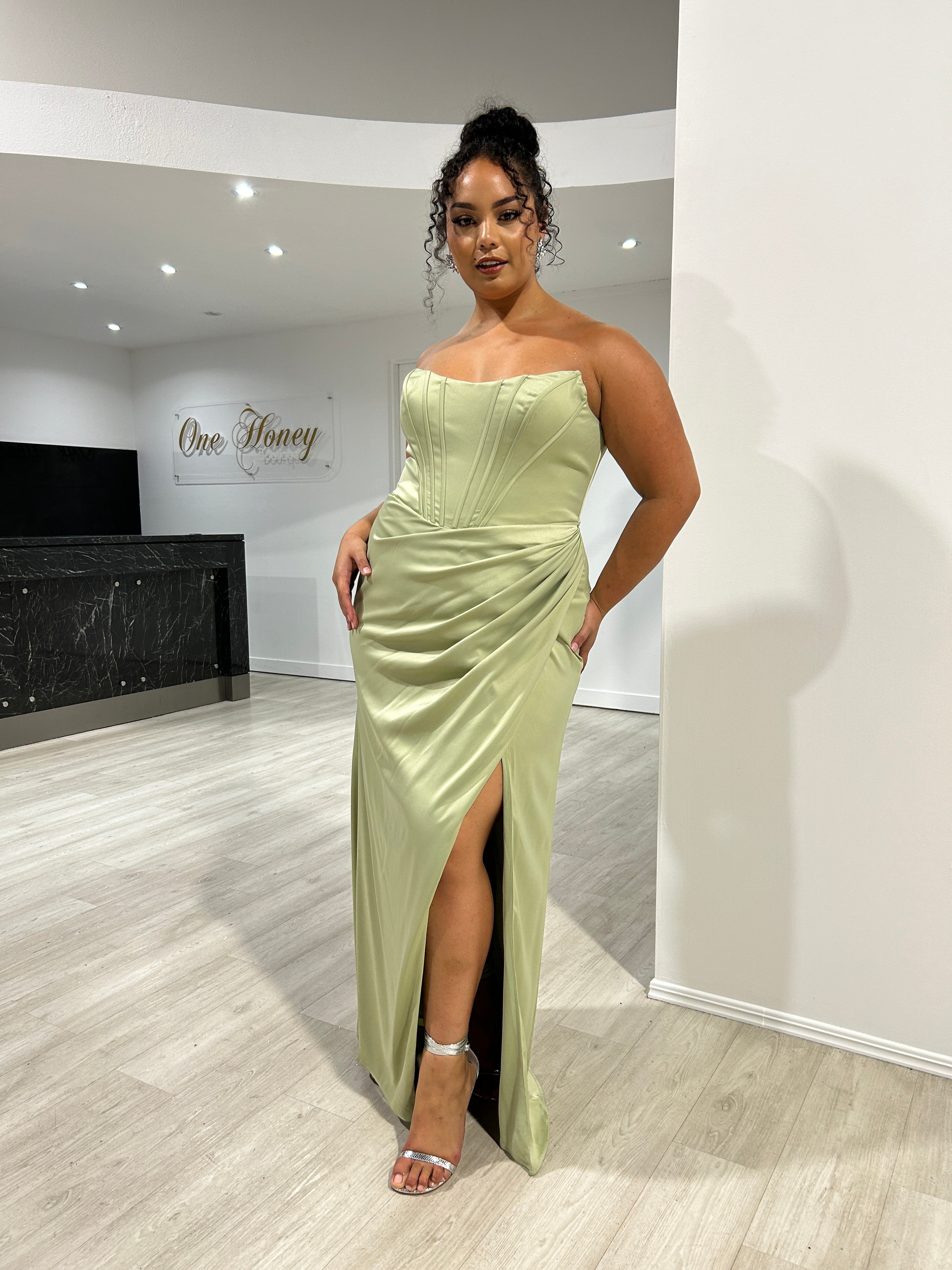 Honey Couture TYRA Sage Green Corset Bustier Leg Split Formal Dress