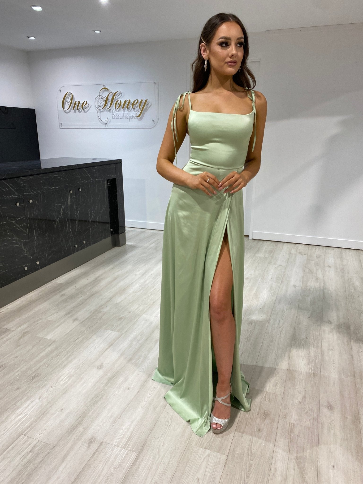 Honey Couture XENIA Sage Green Tie Up Formal Bridesmaid Dress in Australia | One Honey Boutique