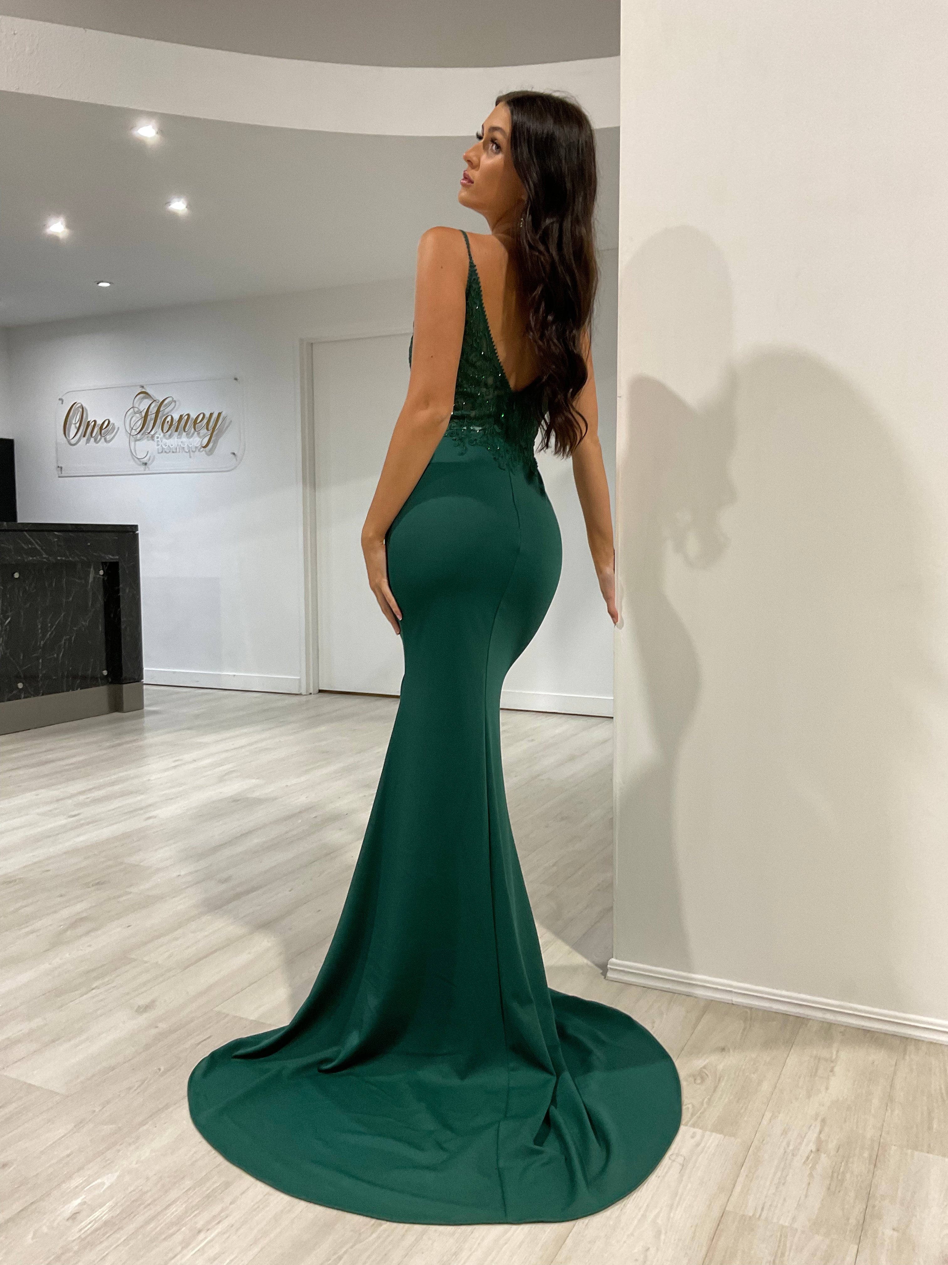 Honey Couture MIREN Emerald Green Lace Applique Mermaid Formal Dress