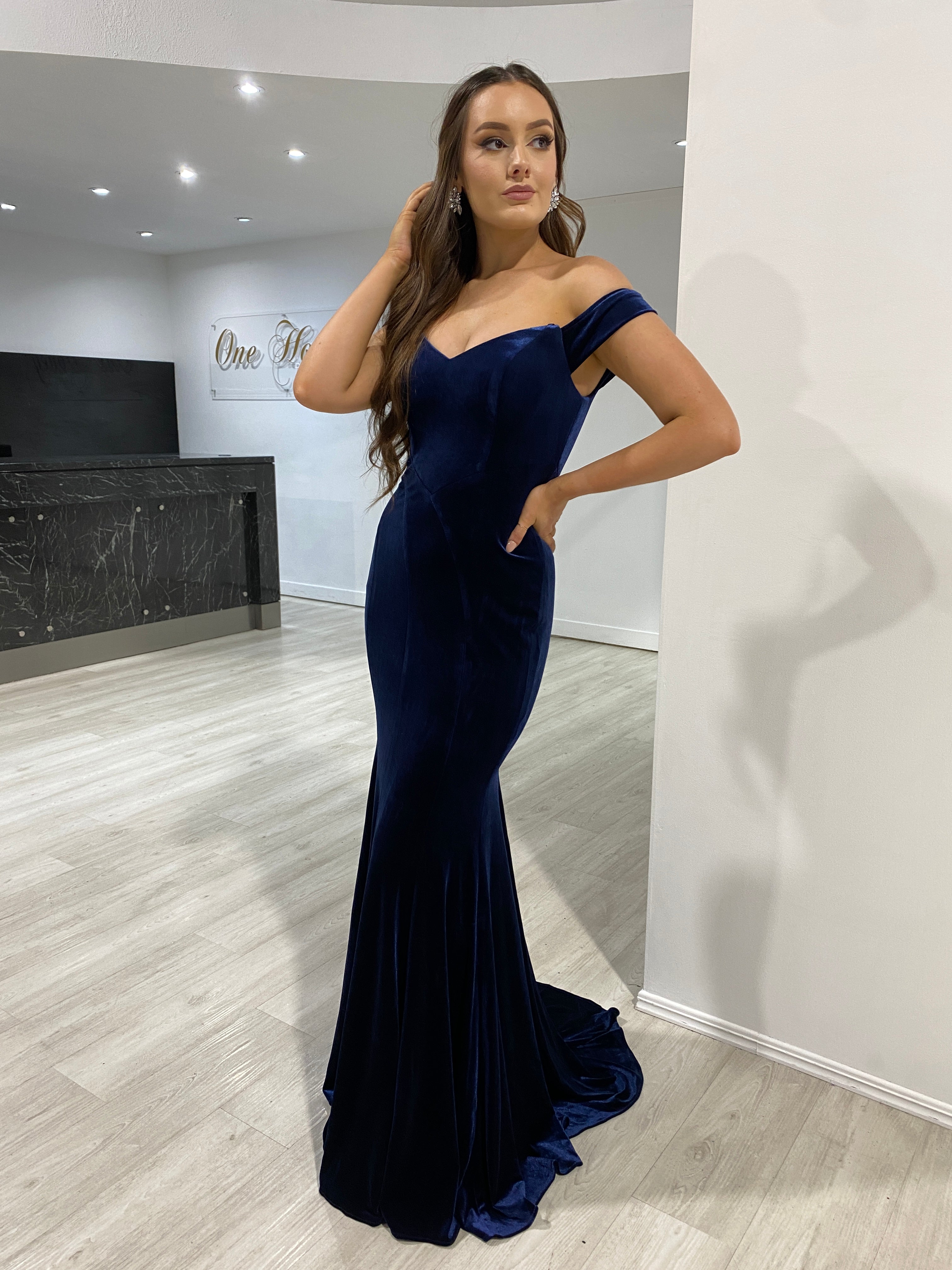 INGRID Off the Shoulder Velour Mermaid Formal Dress
