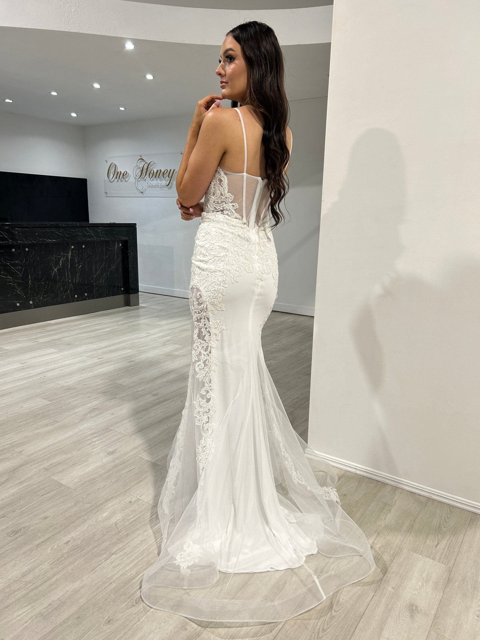 Honey Couture SASKIA Off White Mesh Insert Bridal Mermaid Formal Dress in Australia | One Honey Boutique