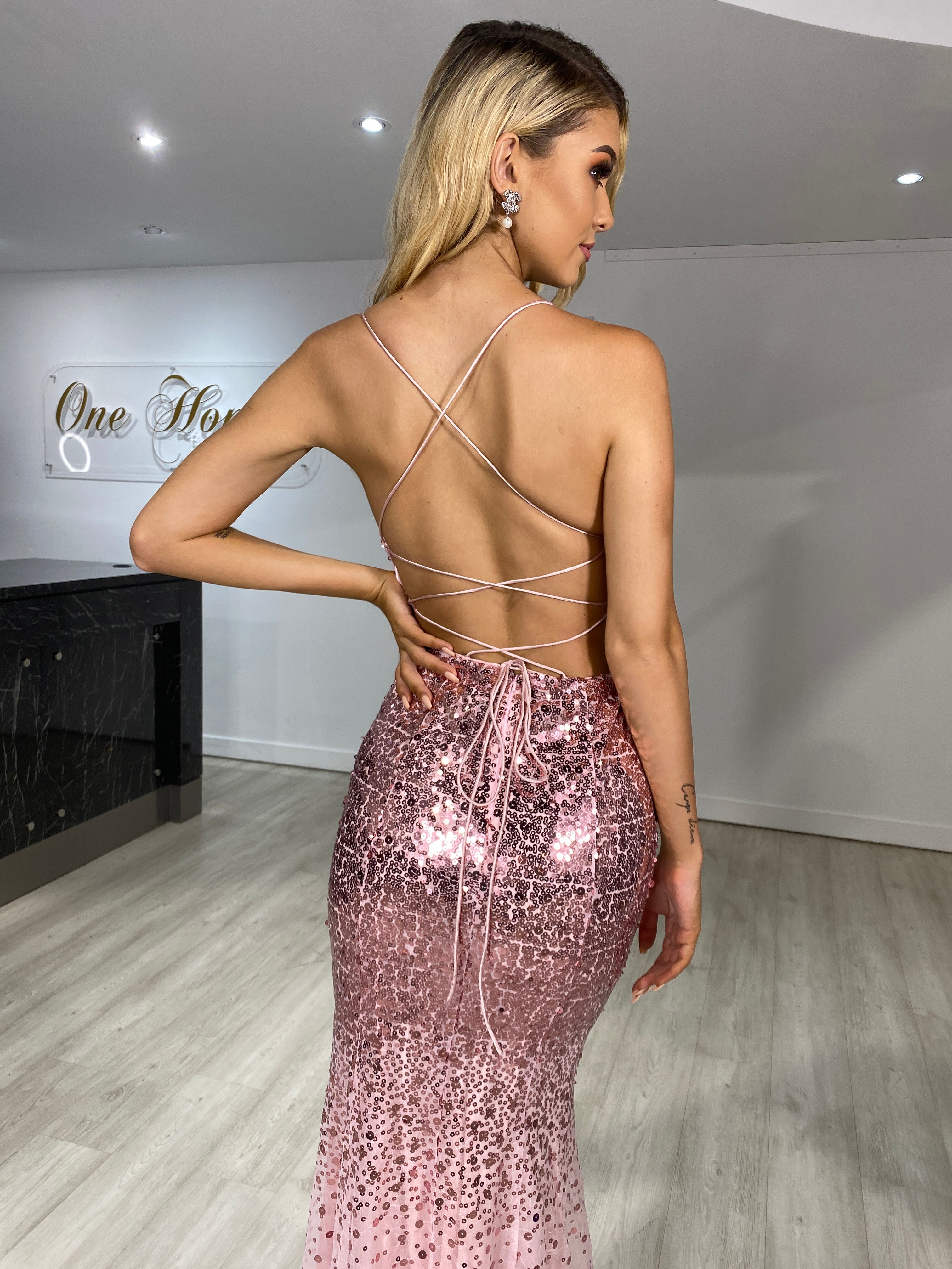 Honey Couture KALLIE Pink Sequin Ombre Corset Formal Dress