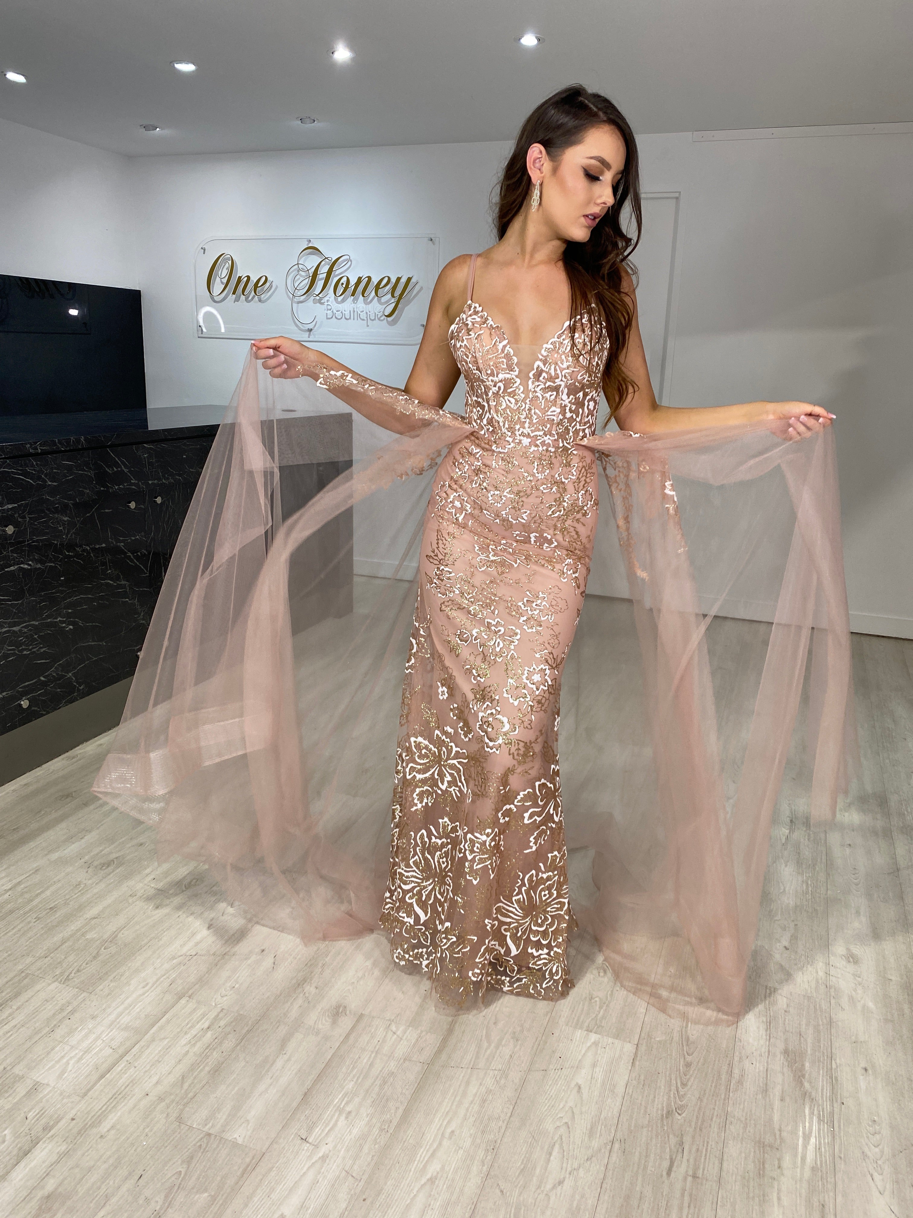 Honey Couture MADELINE Rose Gold Glitter Tulle Overlay Formal Gown Dress