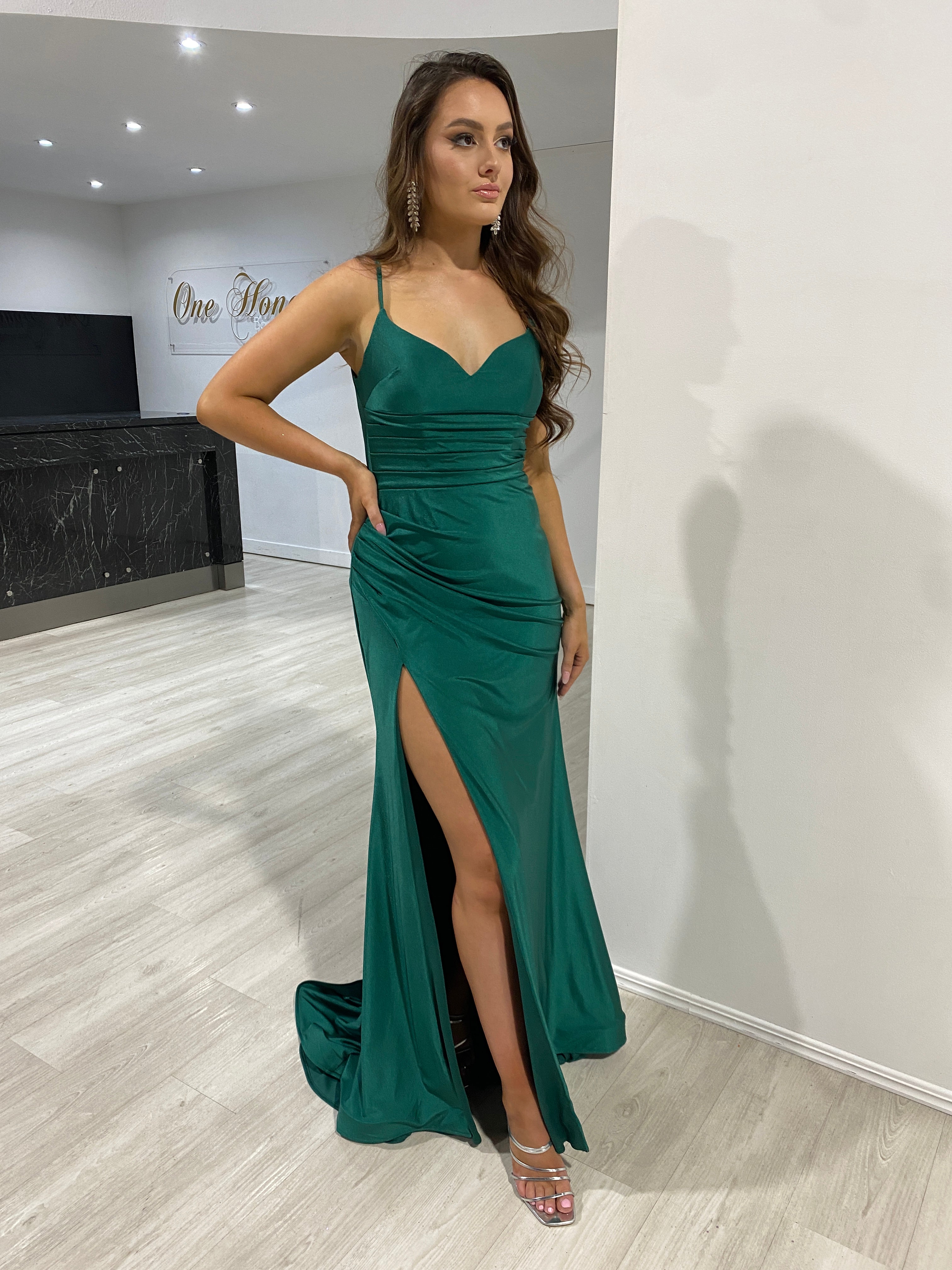 Honey Couture TARA Emerald Silky Ruched Bodice Mermaid Formal Gown
