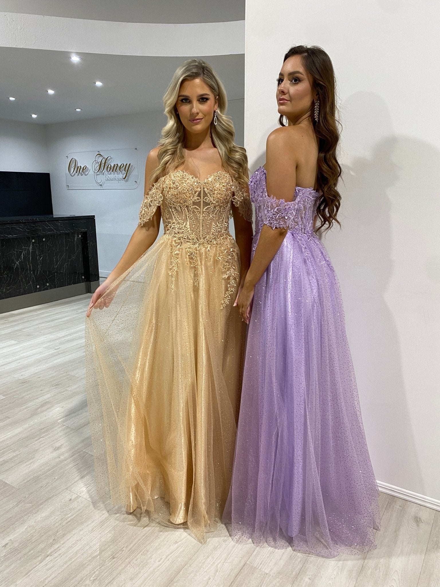 PHOEBE Off the Shoulder Bustier Lace Applique Tulle Formal Dress in Australia | One Honey Boutique