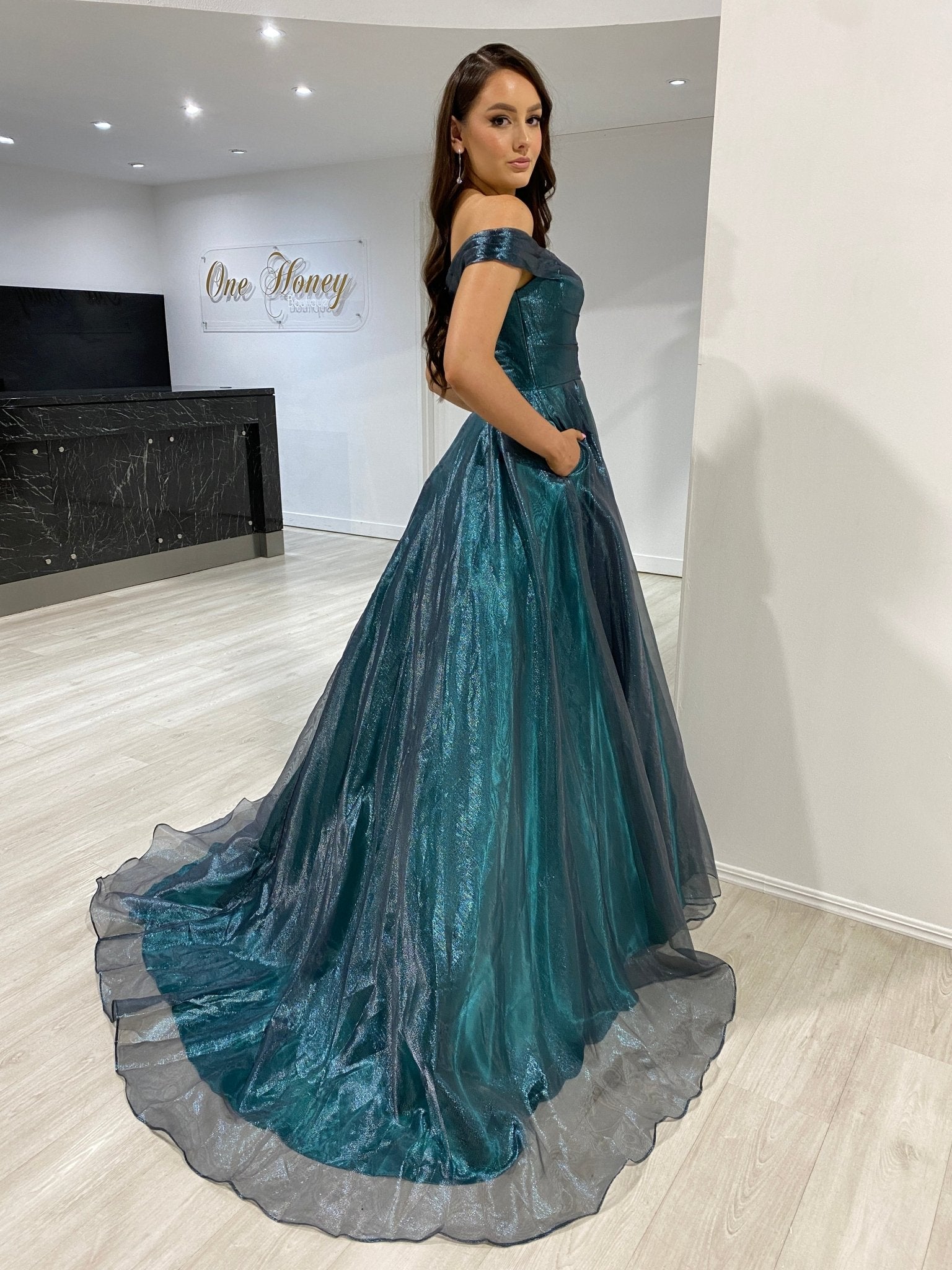 SARIA Off Shoulder Shimmer Ballgown Prom & Formal Dress in Australia | One Honey Boutique