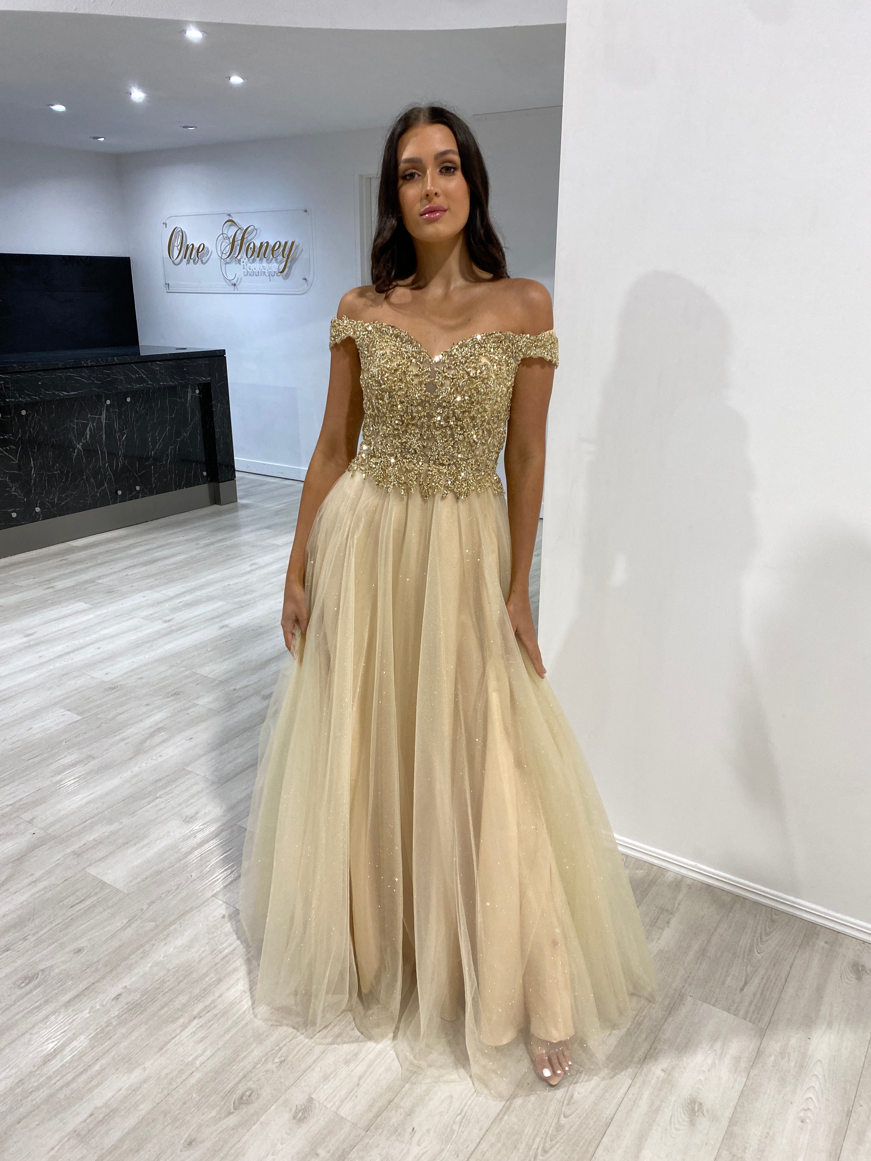 Honey Couture ROSIE Champagne Gold Off Shoulder Beaded Tulle Formal Dress