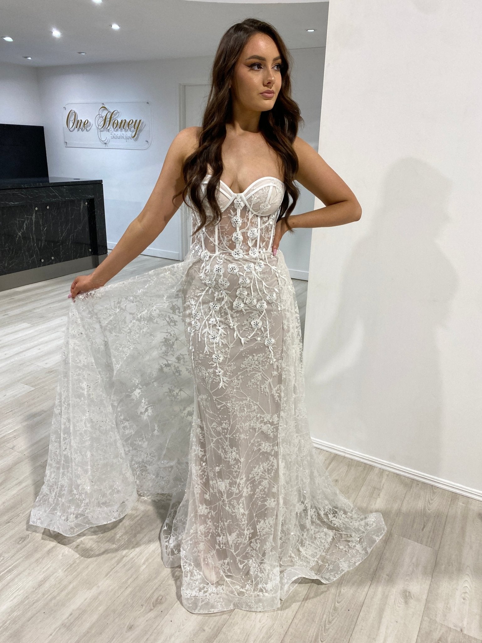 Honey Couture ASTRA Off White Strapless Corset Bridal Overskirt Formal Dress in Australia | One Honey Boutique