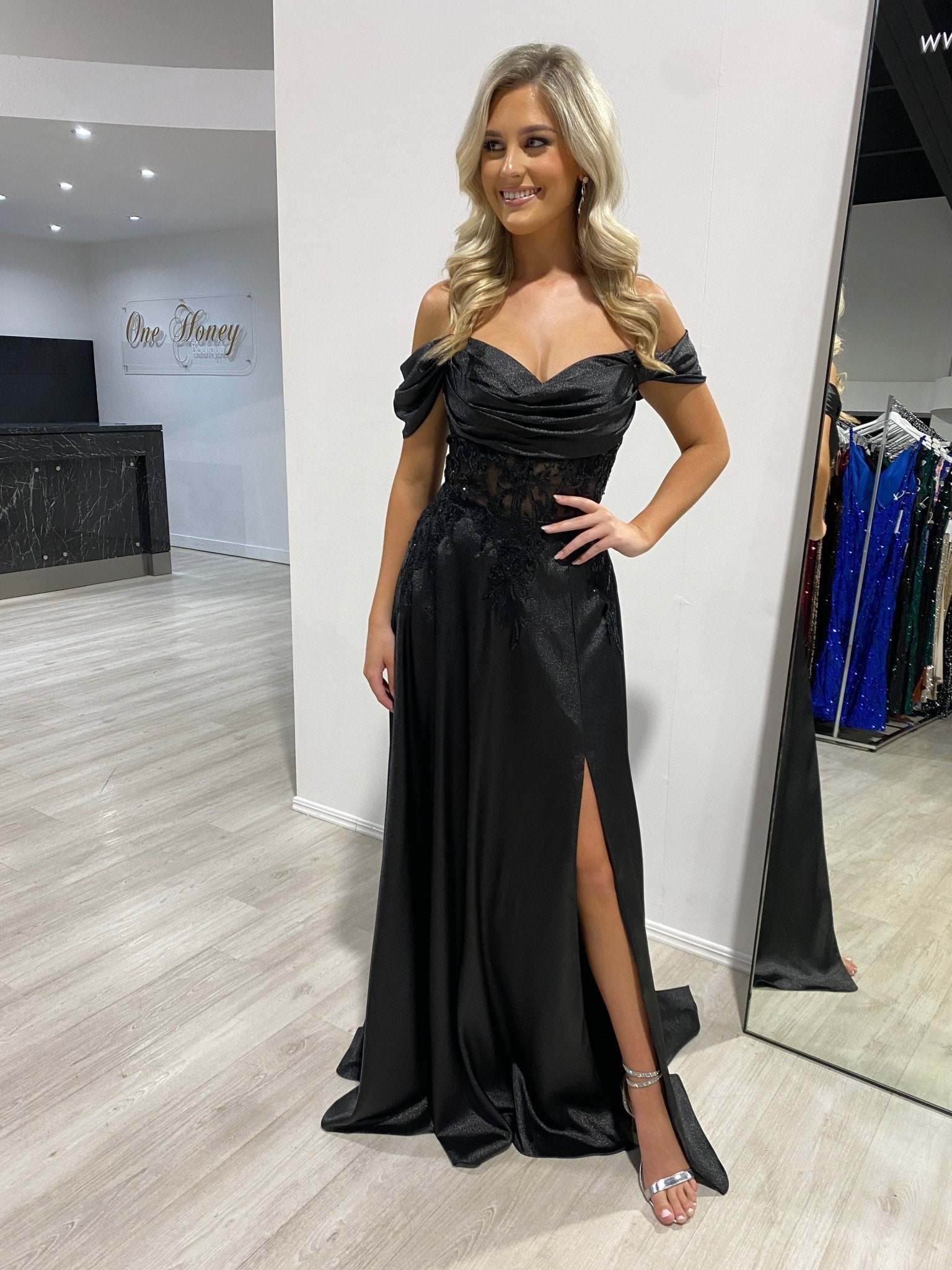 MARIKA Beaded Off the Shoulder A Line Corset Formal Dress in Australia | One Honey Boutique