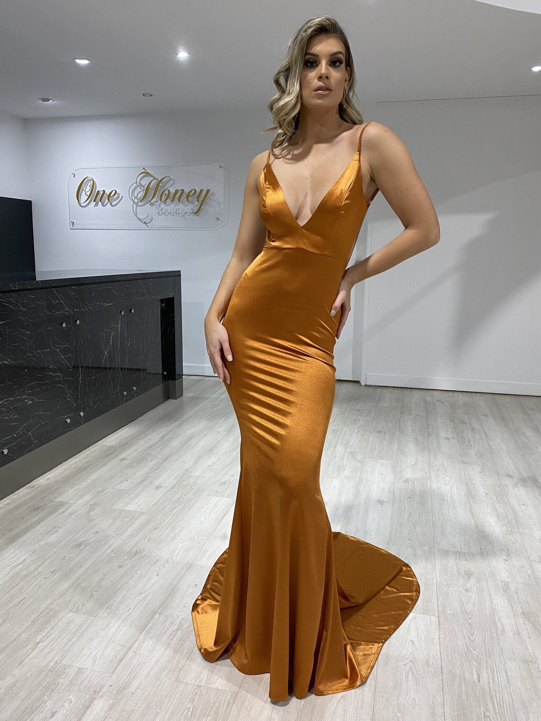 Honey Couture MILEE Burnt Orange Low Back Mermaid Evening Gown Dress