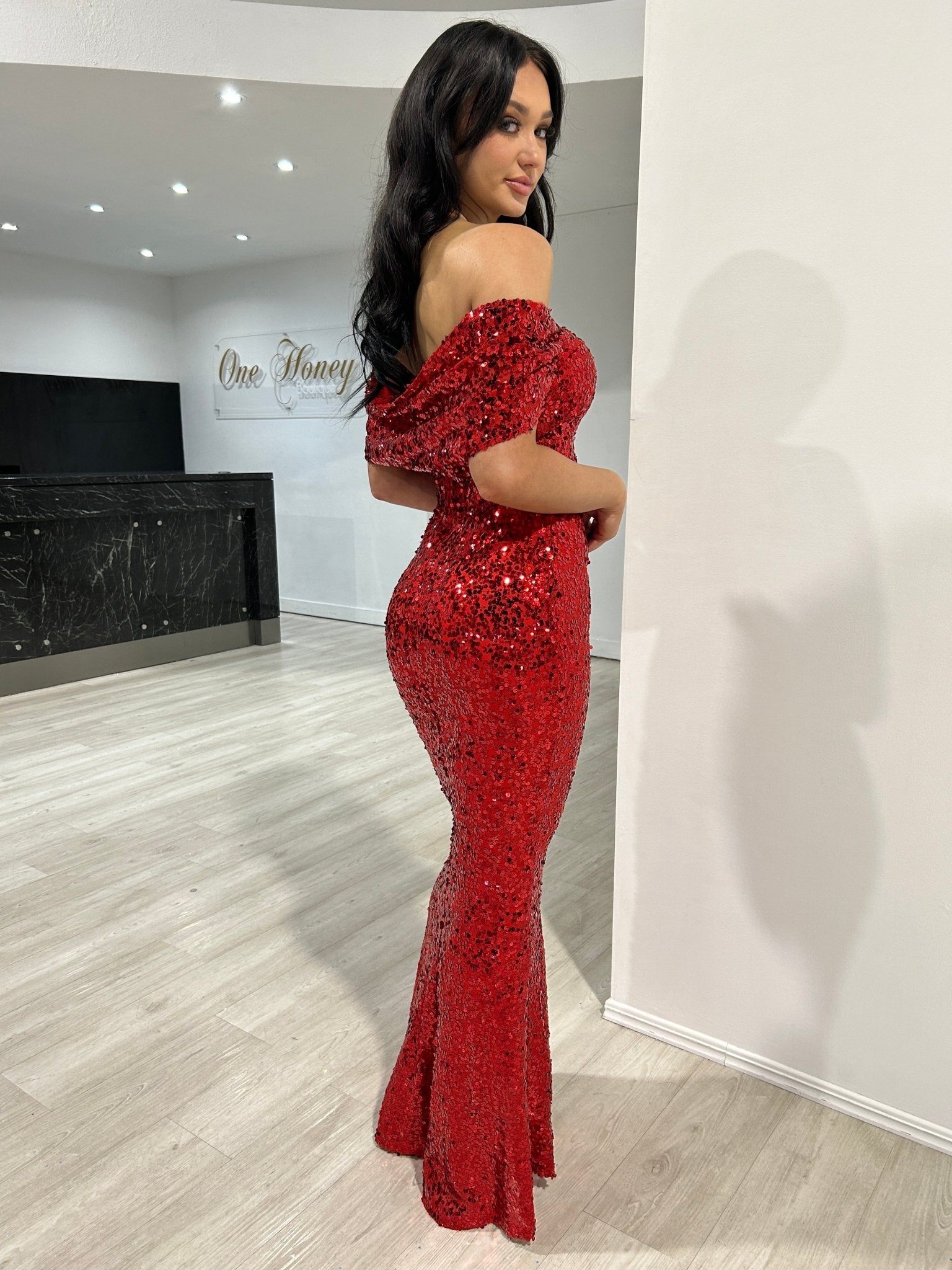 Honey Couture COLLEN Red Off The Shoulder Mermaid Evening Dress in Australia | One Honey Boutique