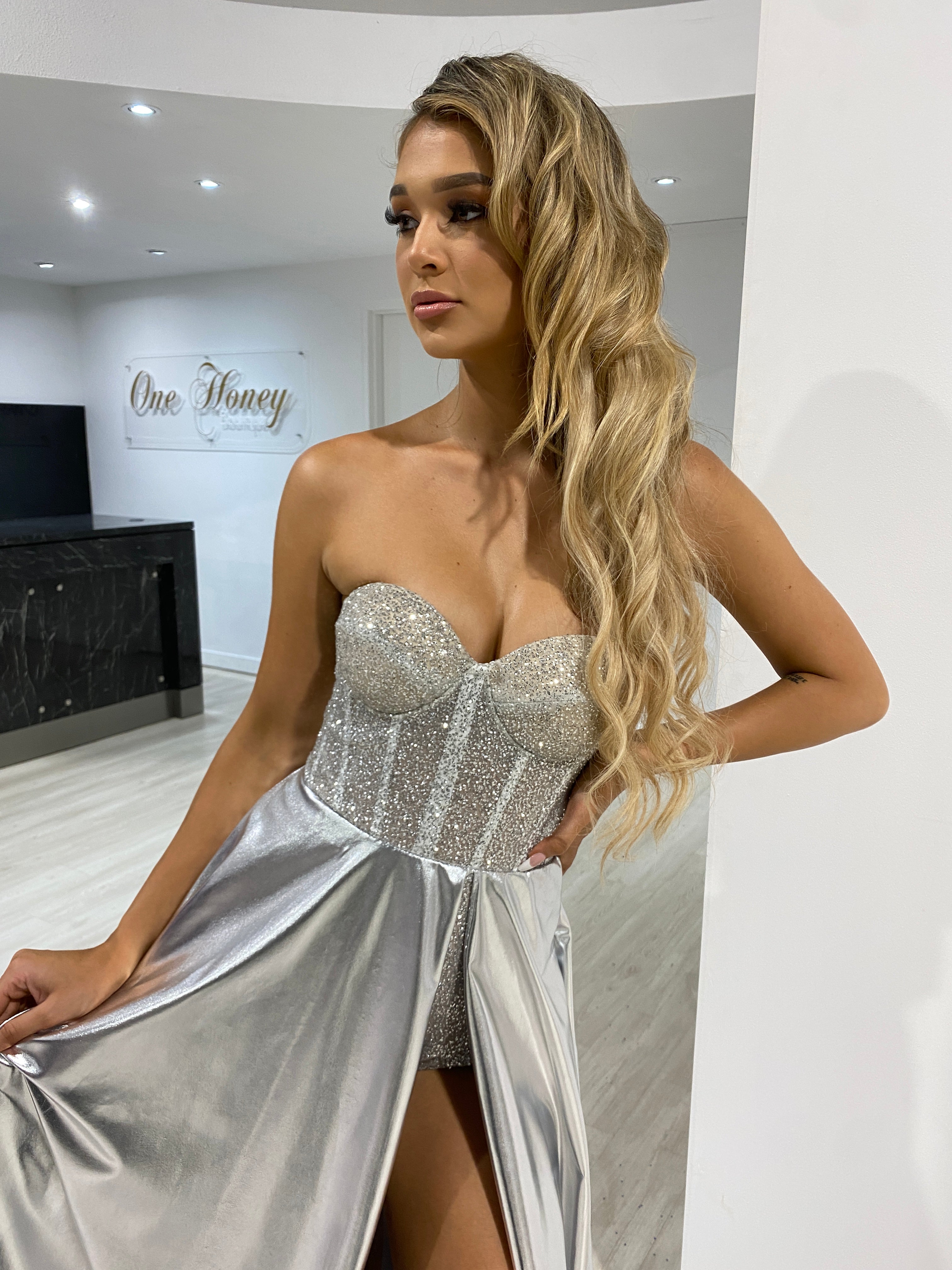 Honey Couture ORBIT Metallic Silver Glitter Beaded Bustier Formal Dress